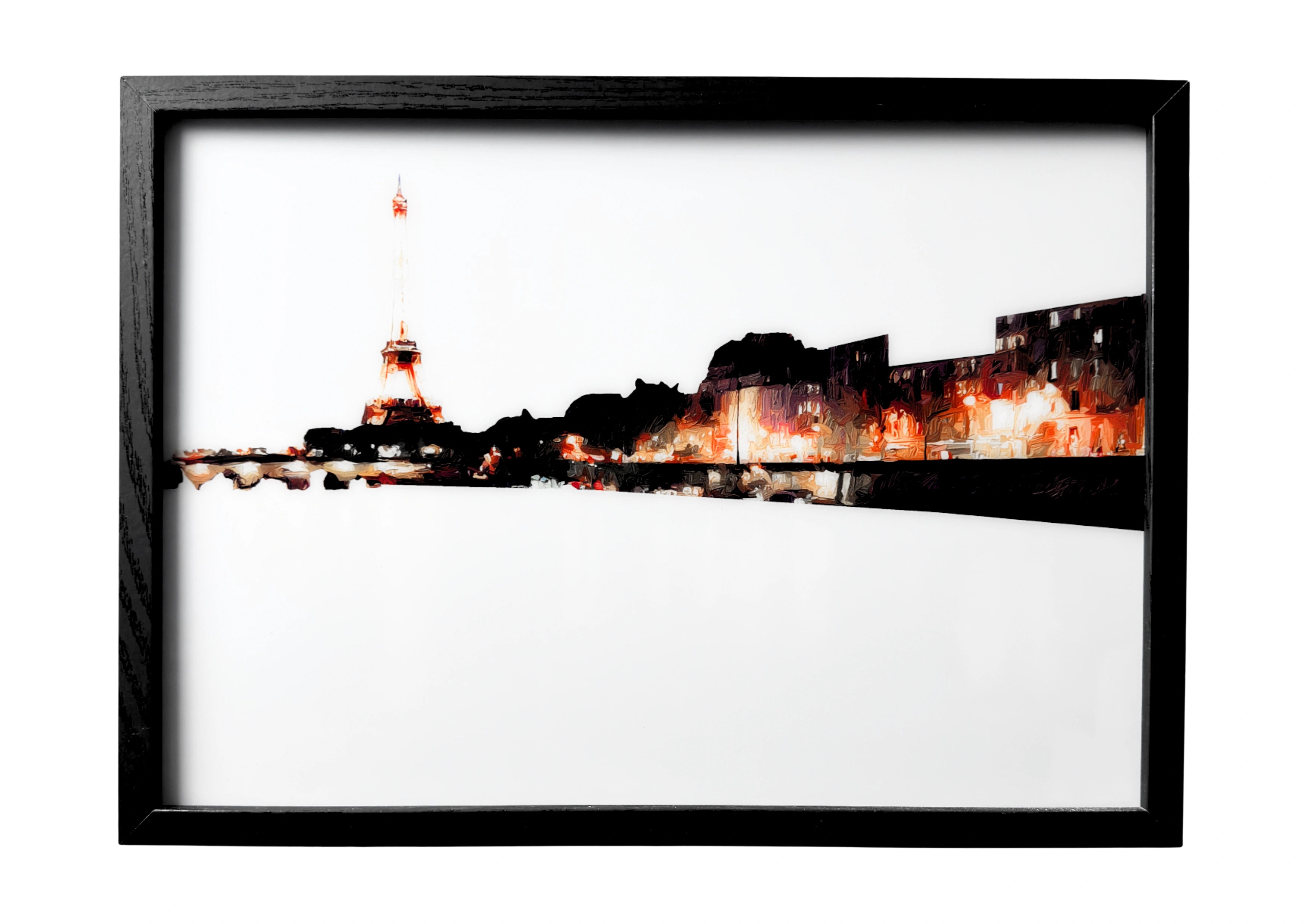 Minimalist Eiffel Tower wall art with muted gold tones and subtle Seine reflections. A serene Paris cityscape.