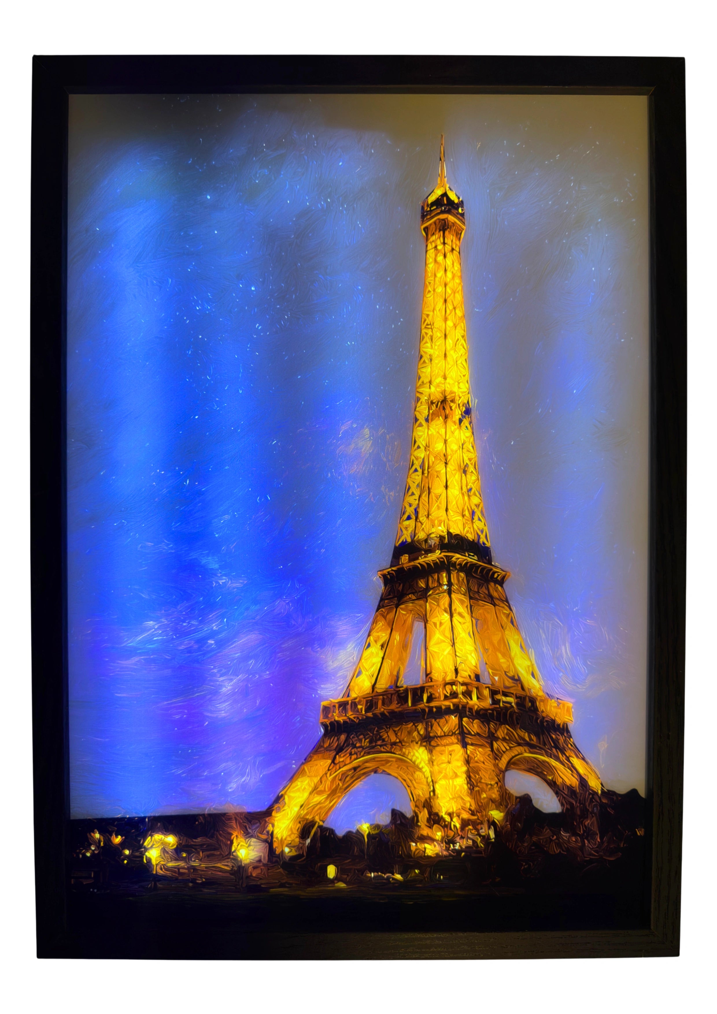 Eiffel Tower LED light up wall art glowing under deep sapphire skies, golden lights illuminating the night. A radiant framed Paris piece.