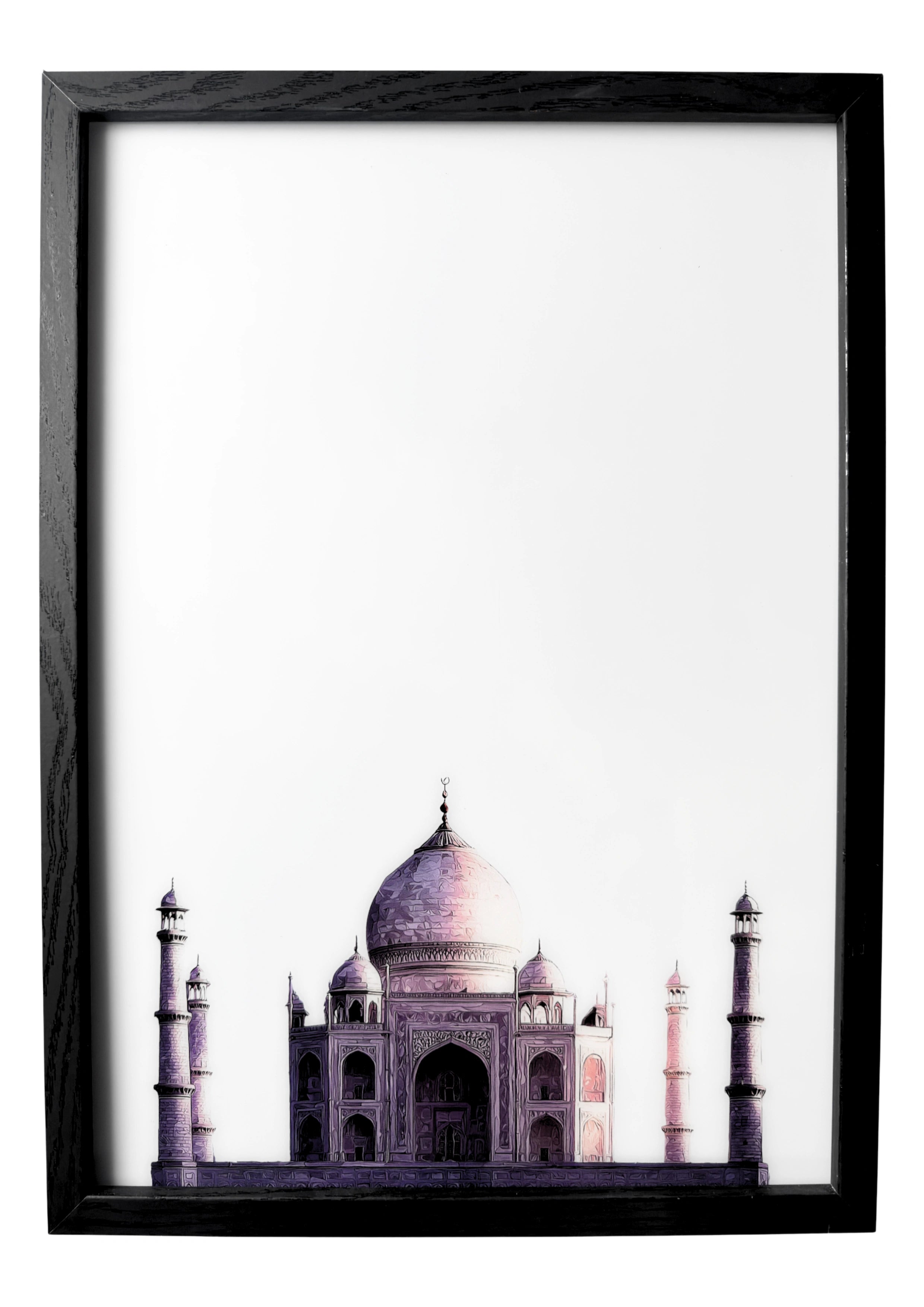 Minimalist Taj Mahal wall art with soft lilac marble and pale domes beneath a white horizon. A serene framed landmark for elegant interiors.
