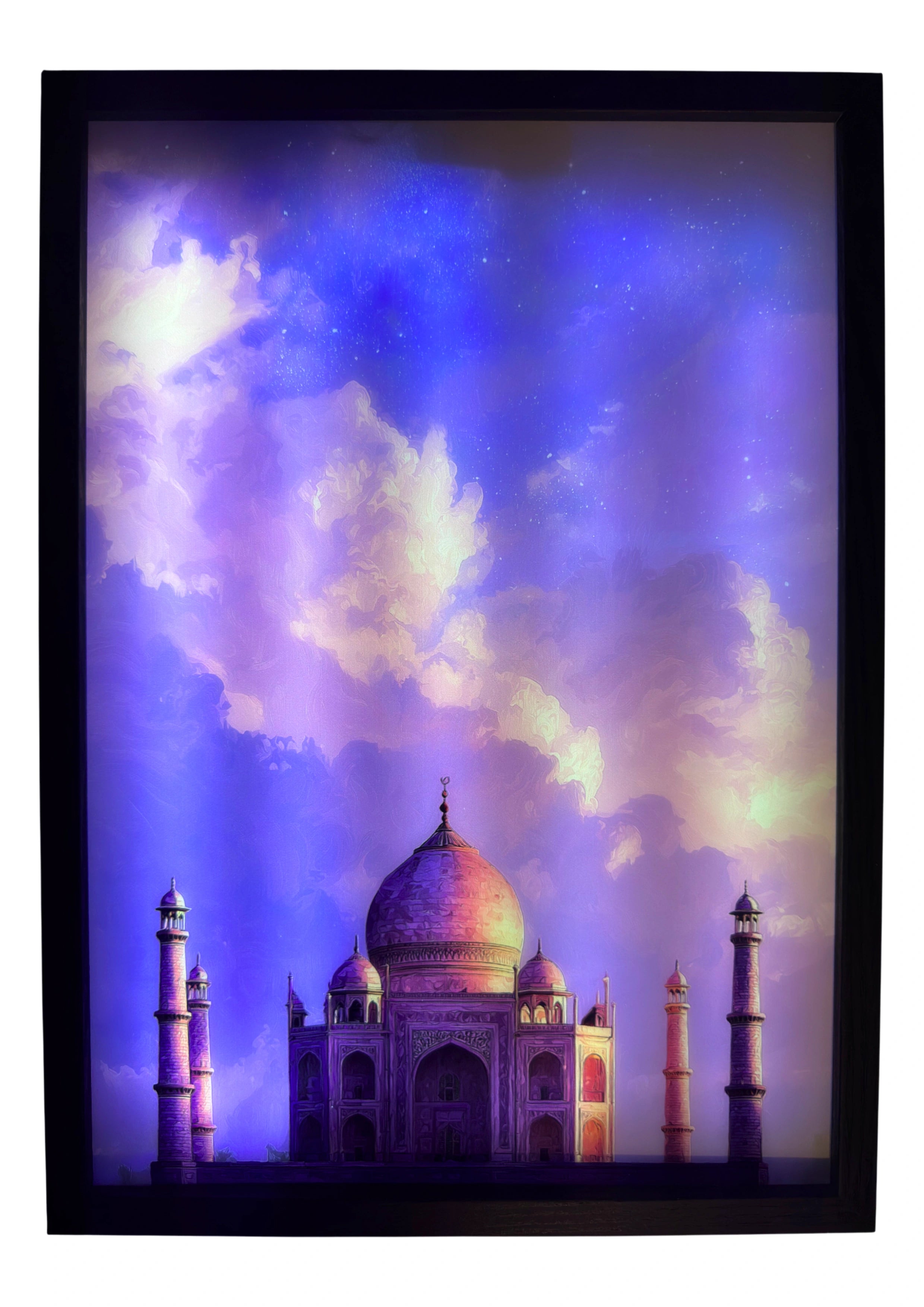Taj Mahal LED light up wall art glowing beneath violet and amber clouds. A radiant framed dreamscape capturing the beauty of dusk over Agra.