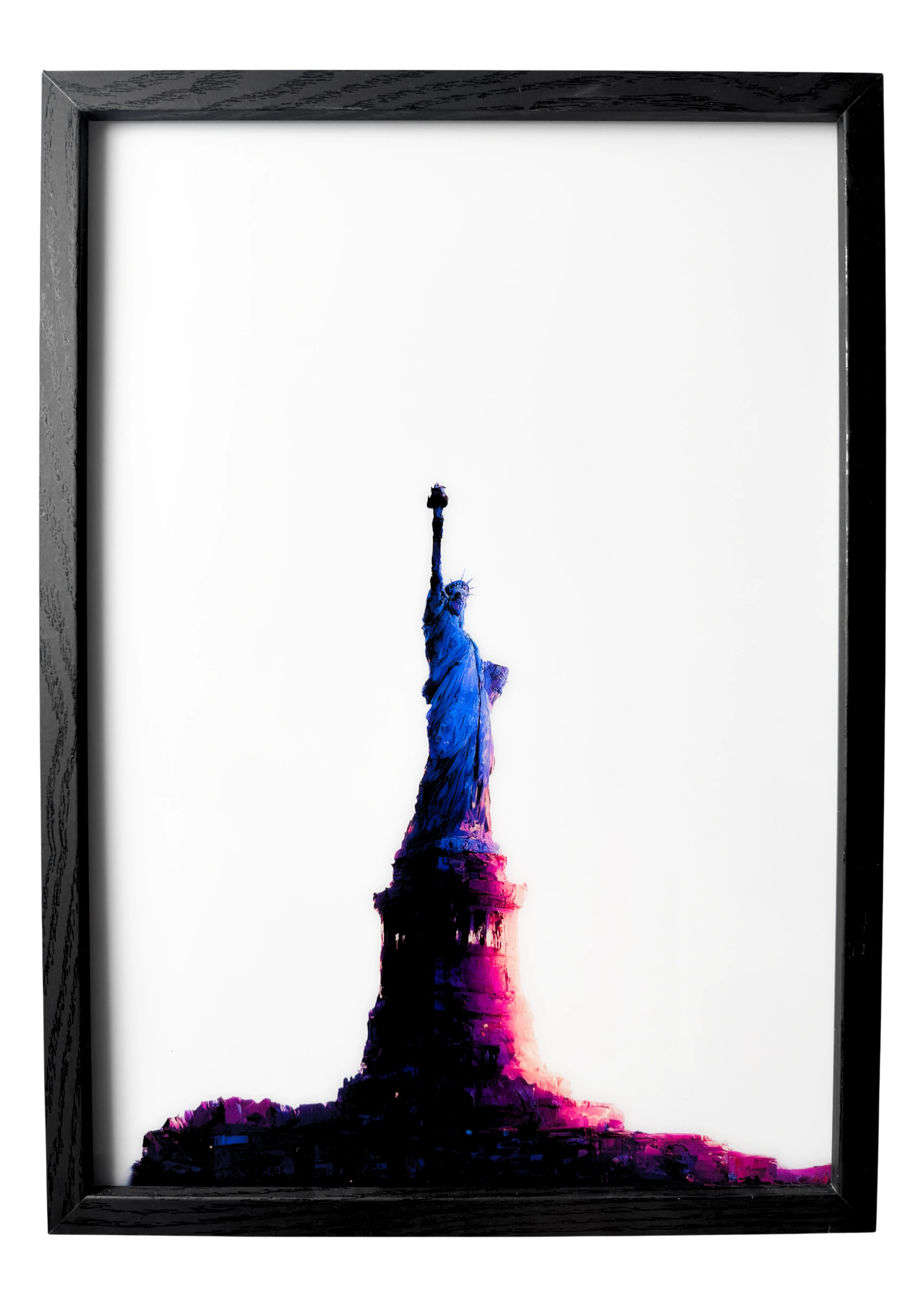 Minimalist Statue of Liberty wall art with soft coral tones and neutral base. A serene depiction of Liberty in daylight stillness.