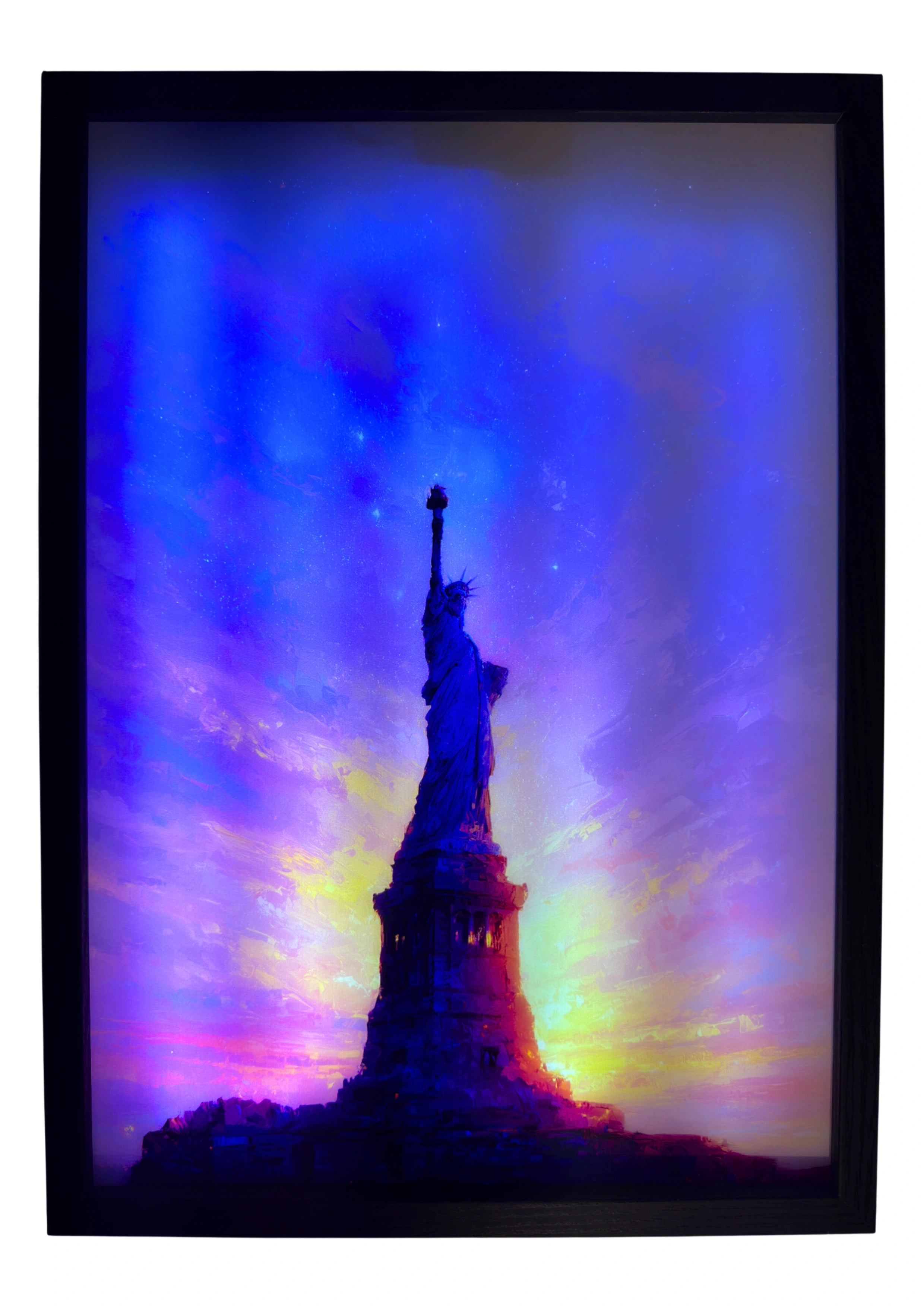 Statue of Liberty LED light up wall art glowing with violet and amber dusk tones under a starry twilight sky.