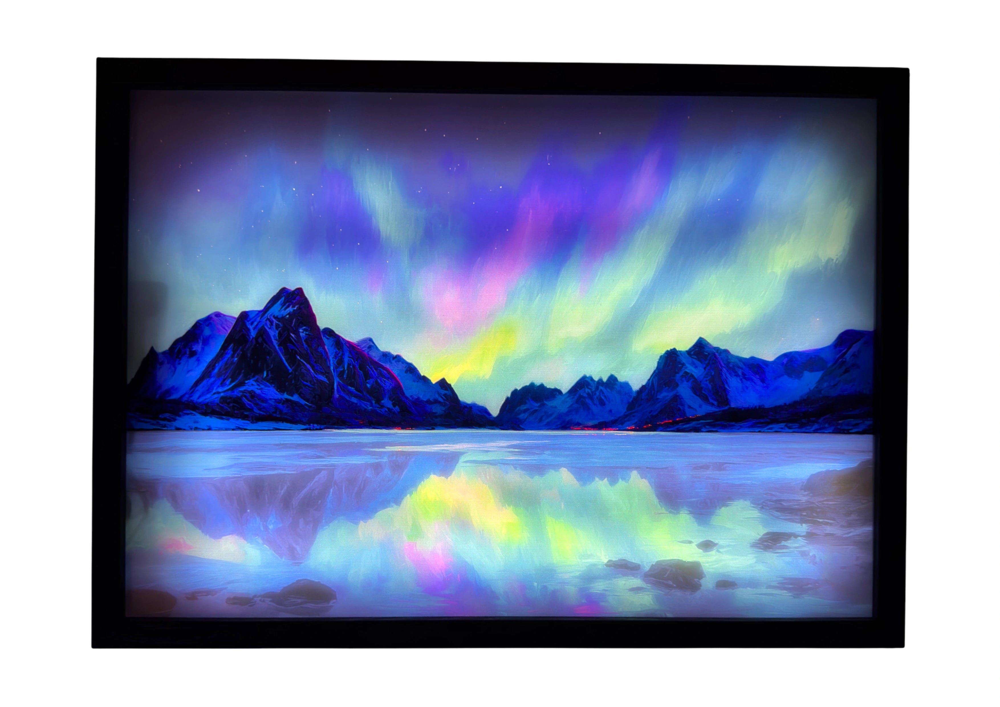 Northern Lights LED light up wall art glowing with emerald and violet auroras over Arctic peaks and mirrored icy waters.