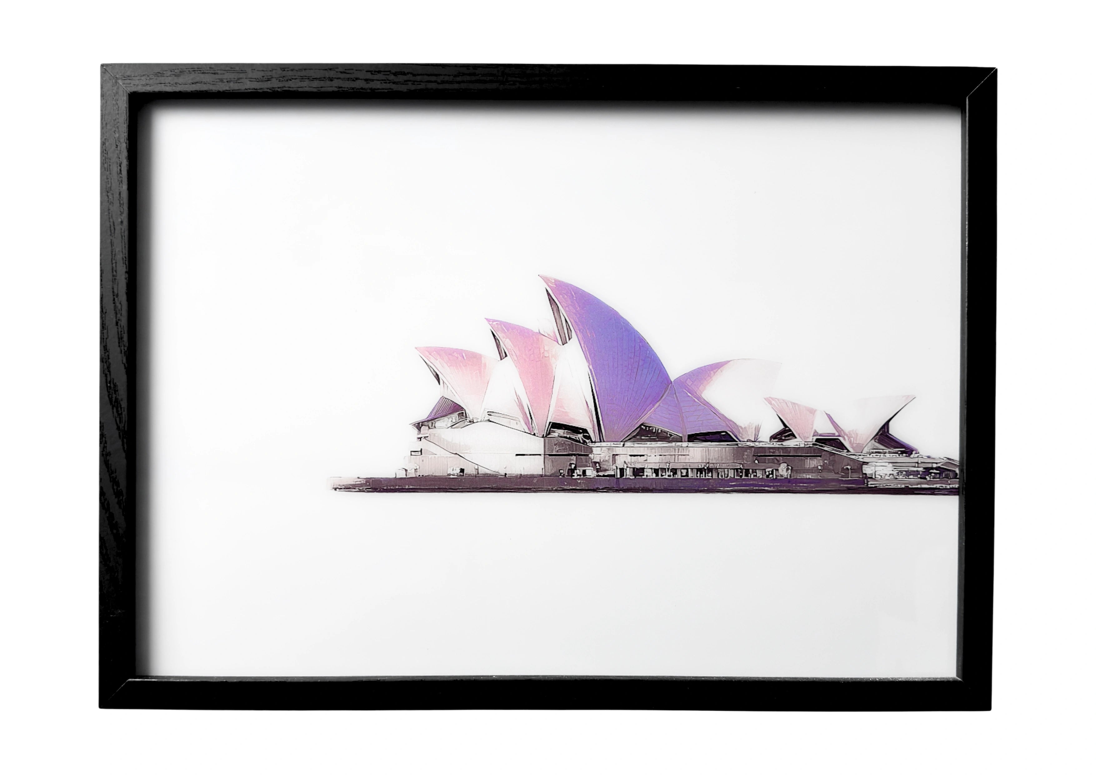 Minimalist Sydney Opera House wall art with pale pink sails and soft tonal detailing. A serene architectural frame.