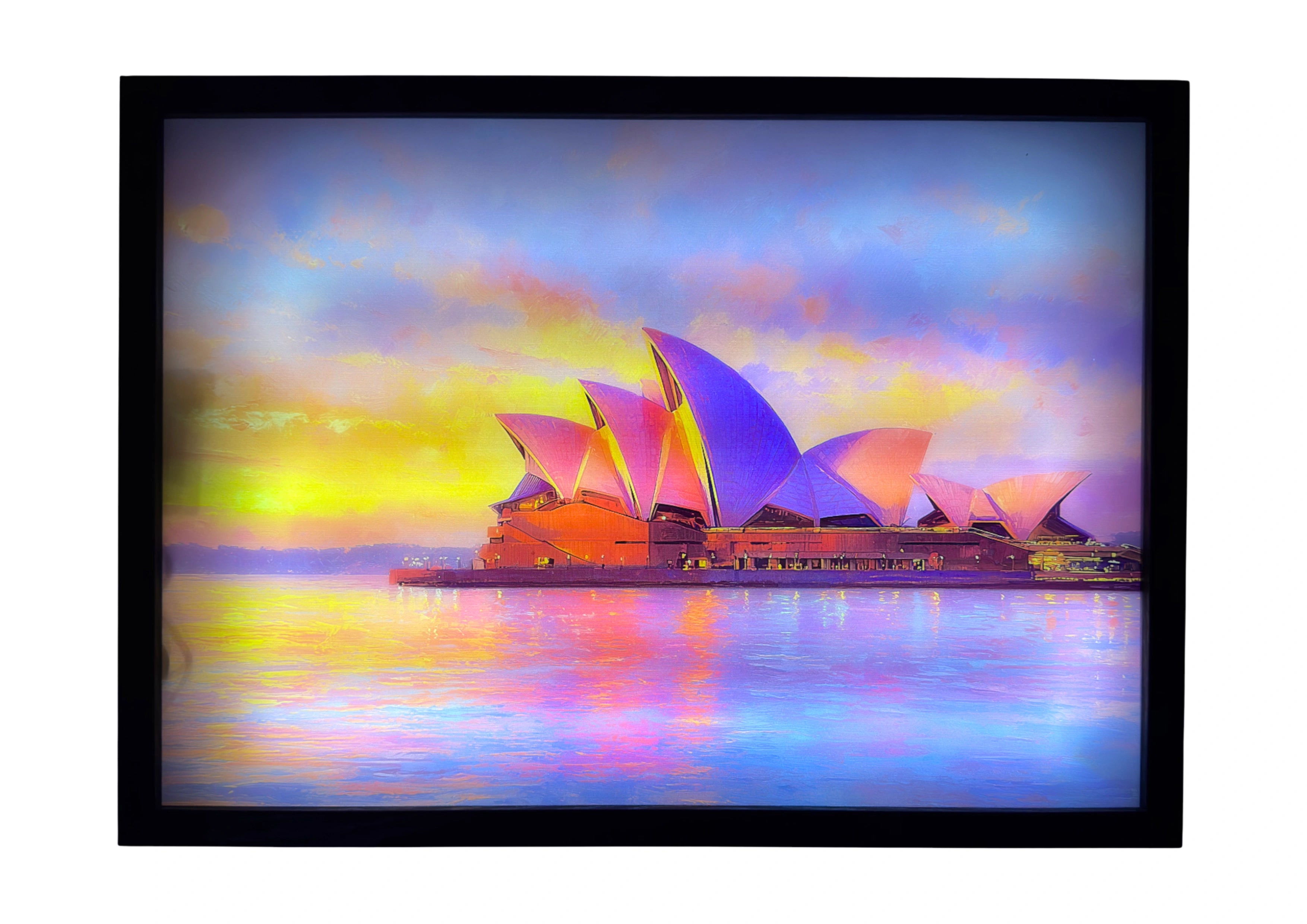 Sydney Opera House LED light up wall art glowing beneath a sunset sky — golden and rose hues reflecting across tranquil harbour waters.