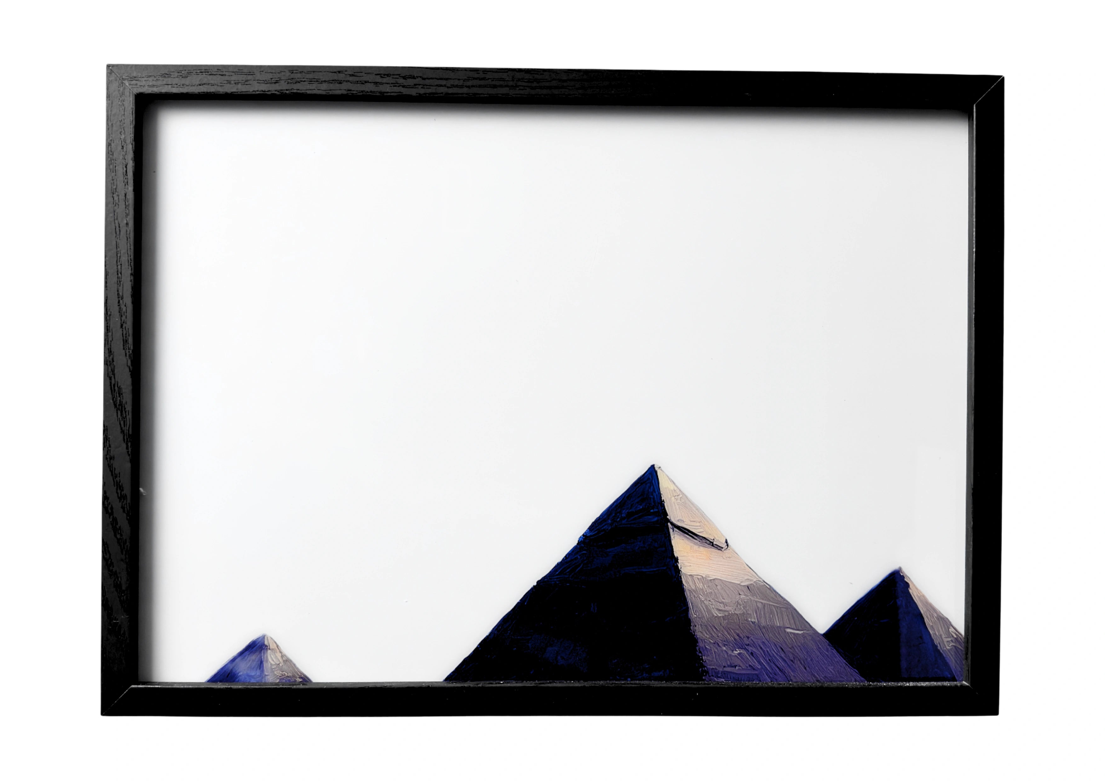 Minimalist pyramids wall art in soft stone tones under a pale horizon. A calm and timeless desert scene.