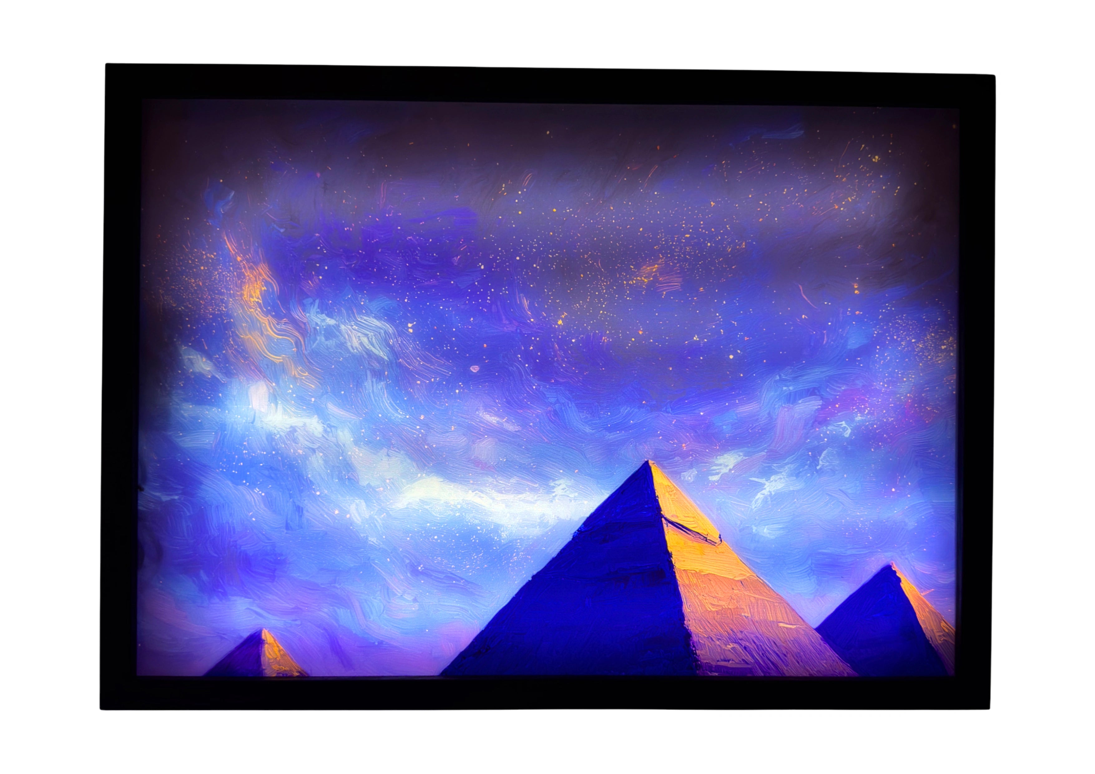 Pyramids LED light up wall art beneath a glowing indigo and violet night sky. A radiant framed ode to Egypt’s celestial beauty.