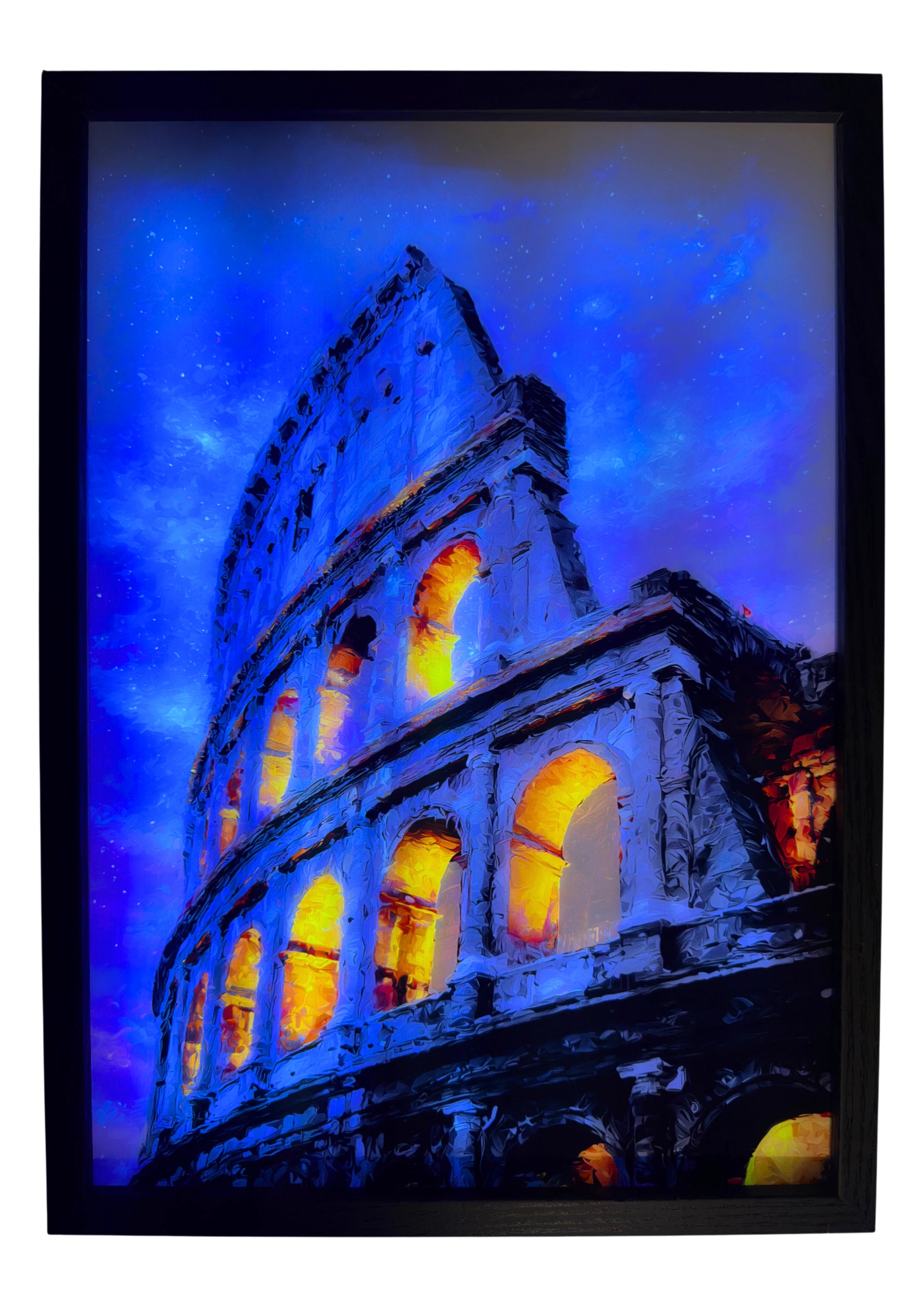 Colosseum LED light up wall art glowing in golden amber beneath a deep indigo Roman sky. A radiant framed piece of ancient wonder.