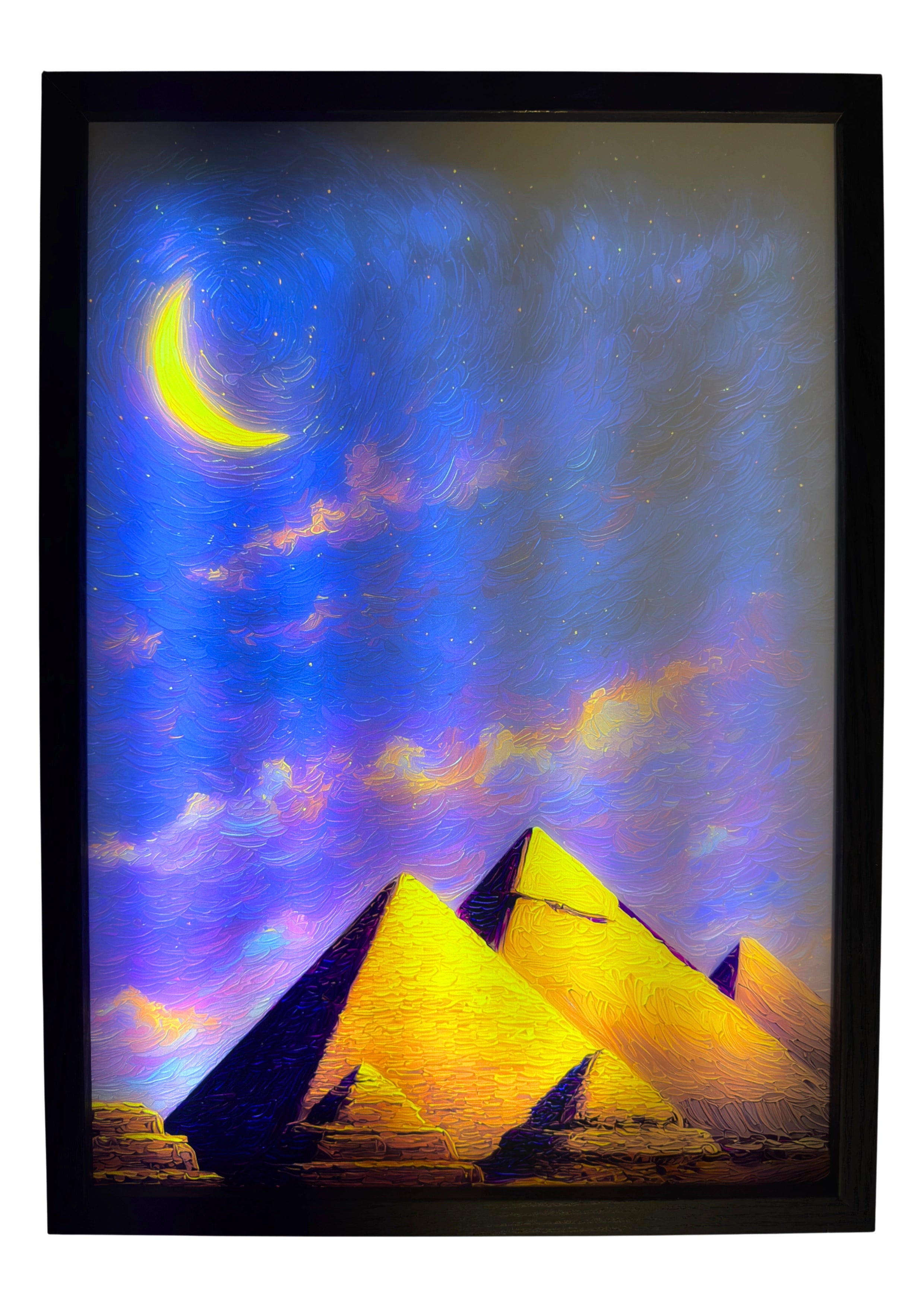 Pyramids of Giza LED light up wall art glowing under a golden crescent moon and violet desert sky. A Egyptian framed desert dreamscape.