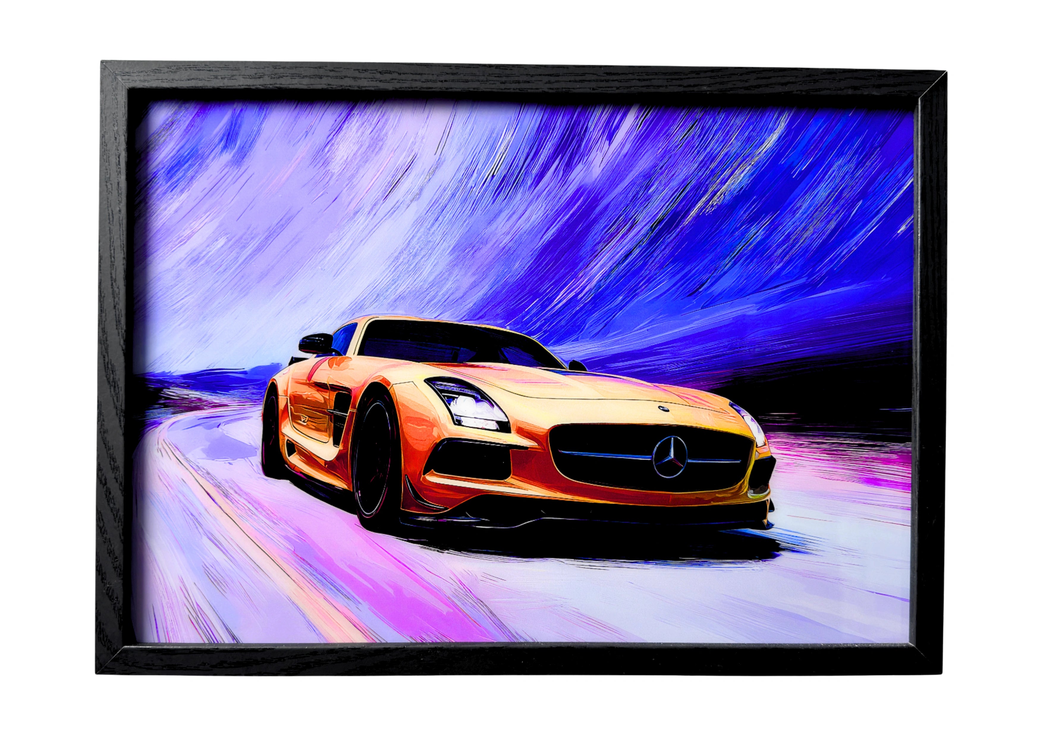 Mercedes-Benz SLS AMG wall art front three-quarter view in yellow with black grille and rims. A framed celebration of German automotive design.