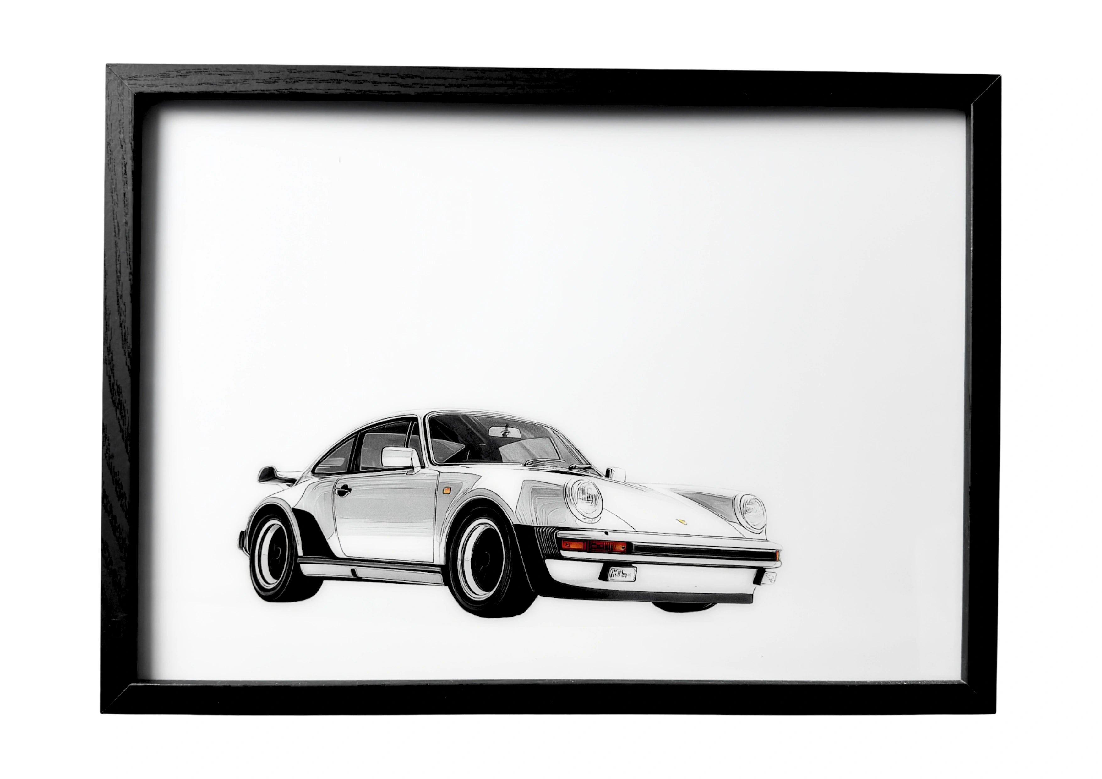 Porsche 930 Turbo wall art front three-quarter view in metallic silver with black trim. A framed celebration of German automotive design.