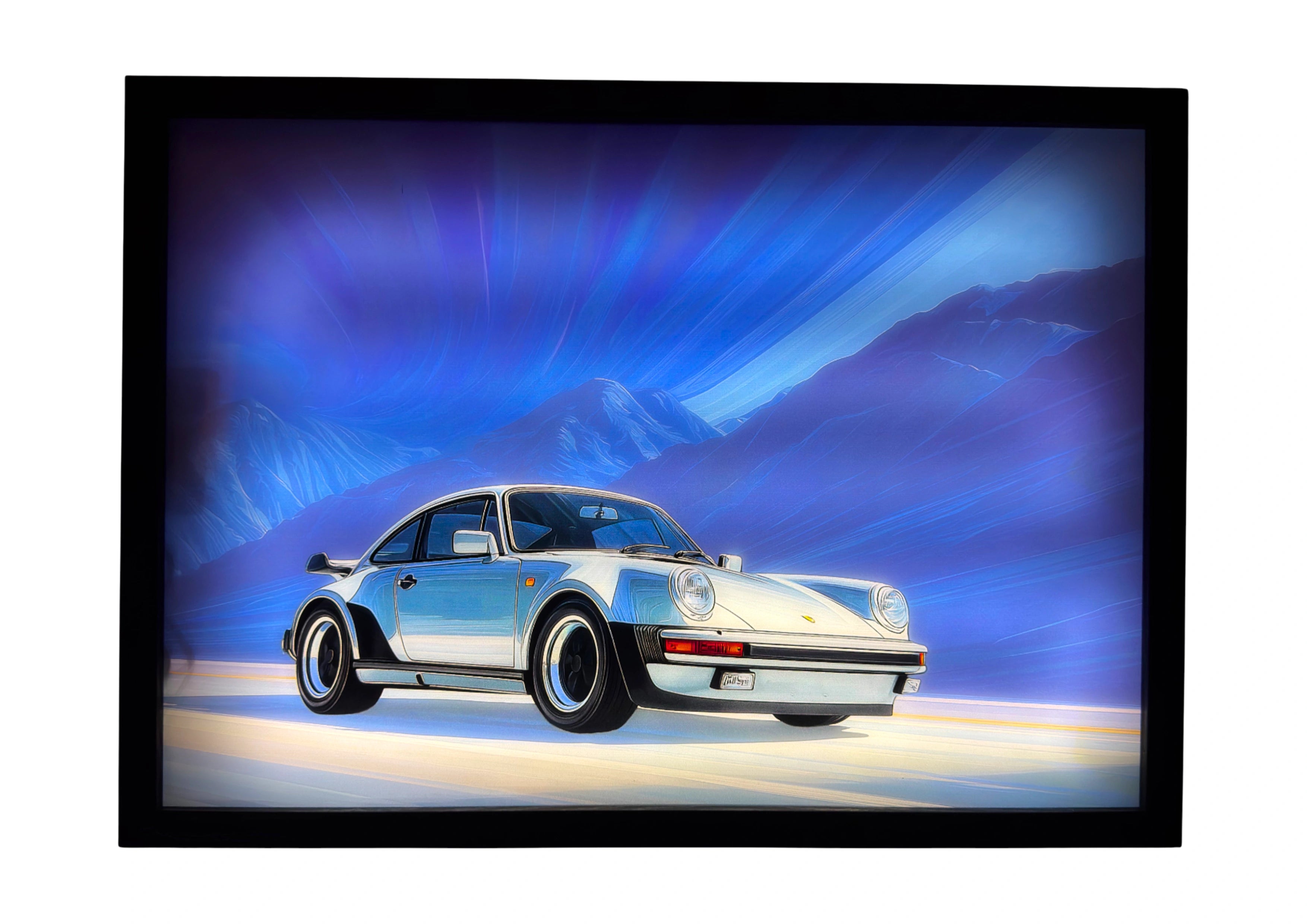Porsche 930 Turbo LED light up wall art glowing beneath deep blue twilight skies. A radiant tribute to German precision and craftsmanship.