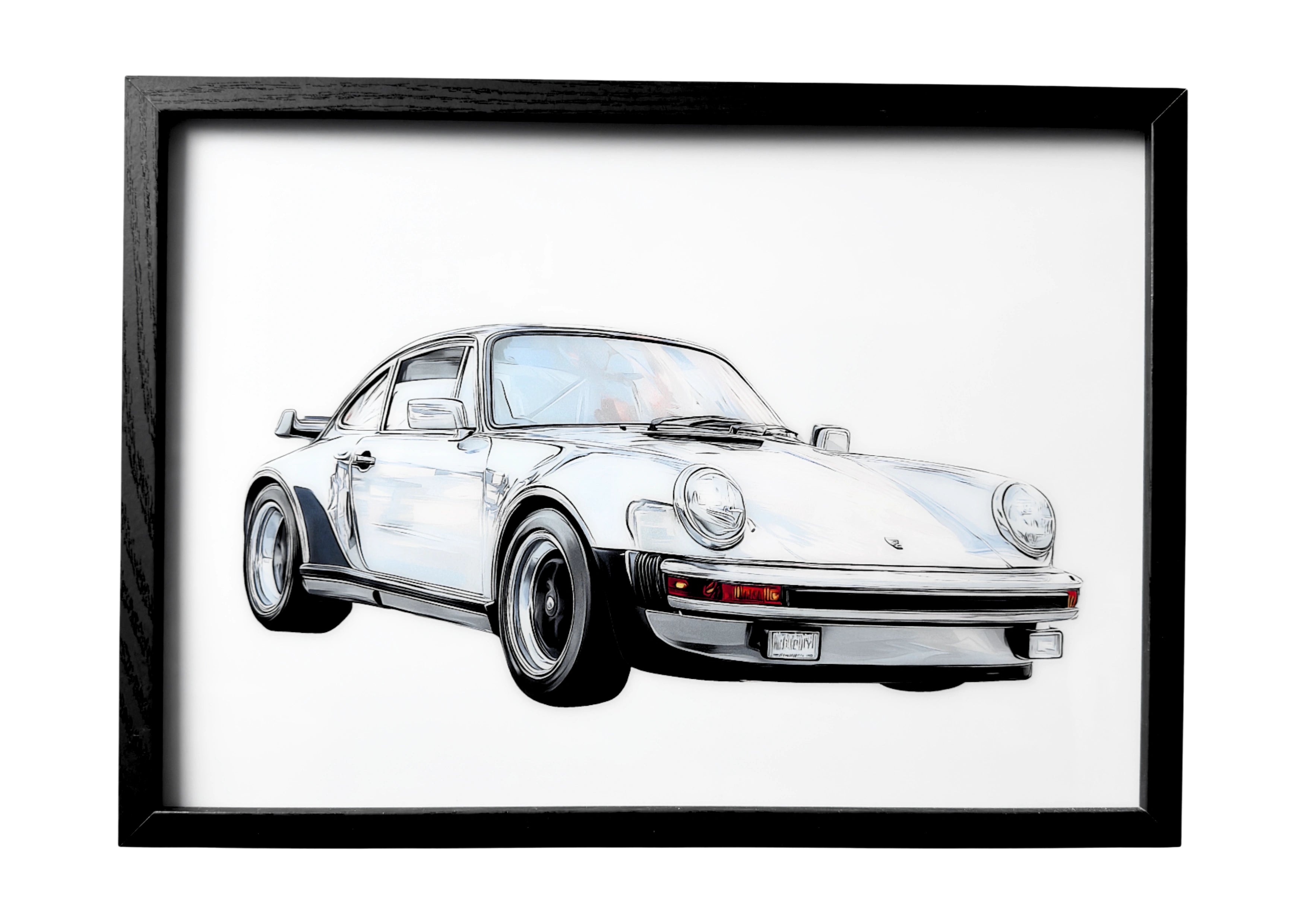 Porsche 930 Turbo wall art front three-quarter view in chrome finish with black trim. A framed celebration of German automotive design.