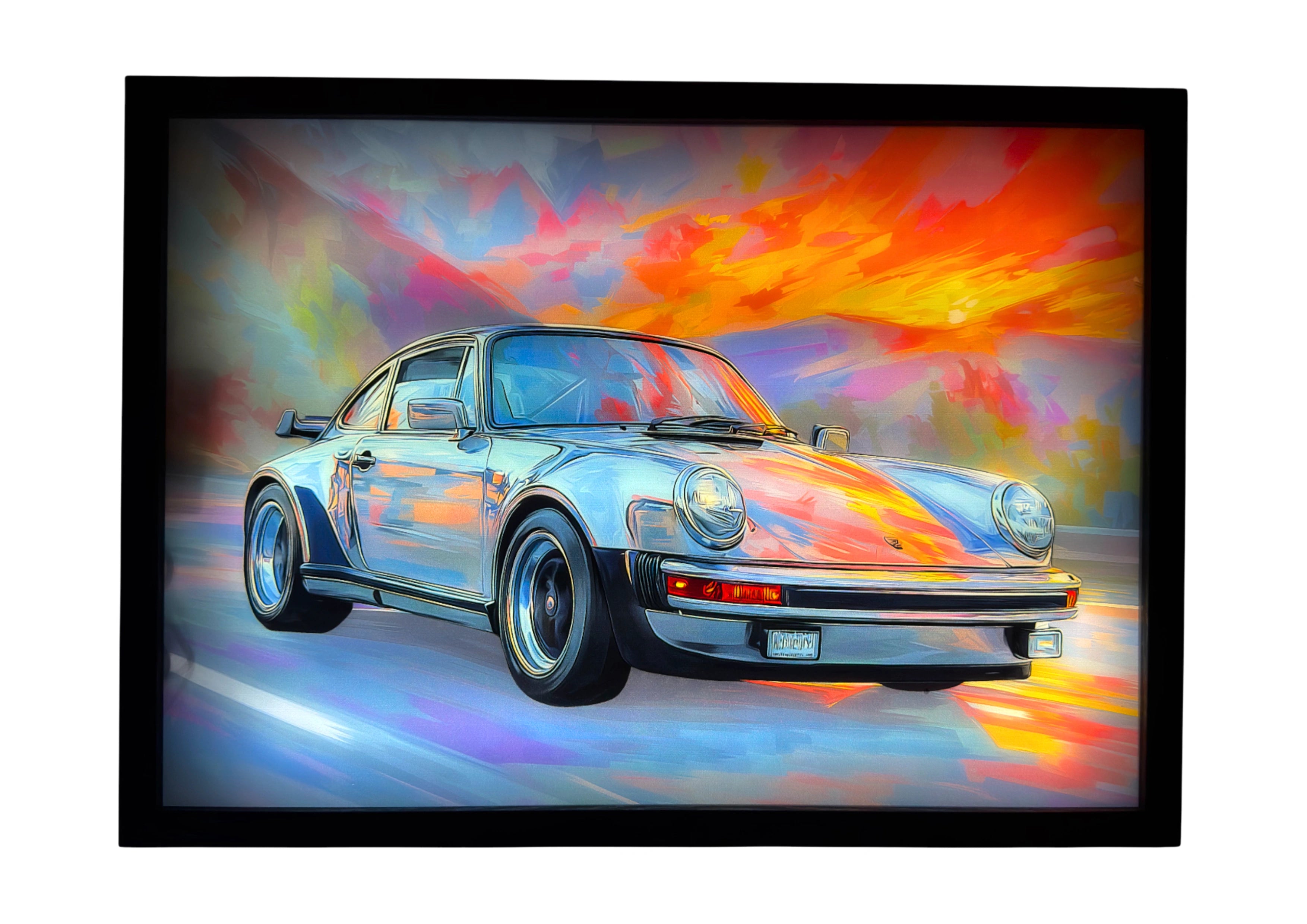 Porsche 930 Turbo LED light up wall art glowing beneath amber and blue sunset skies. A radiant tribute to German precision and craftsmanship.