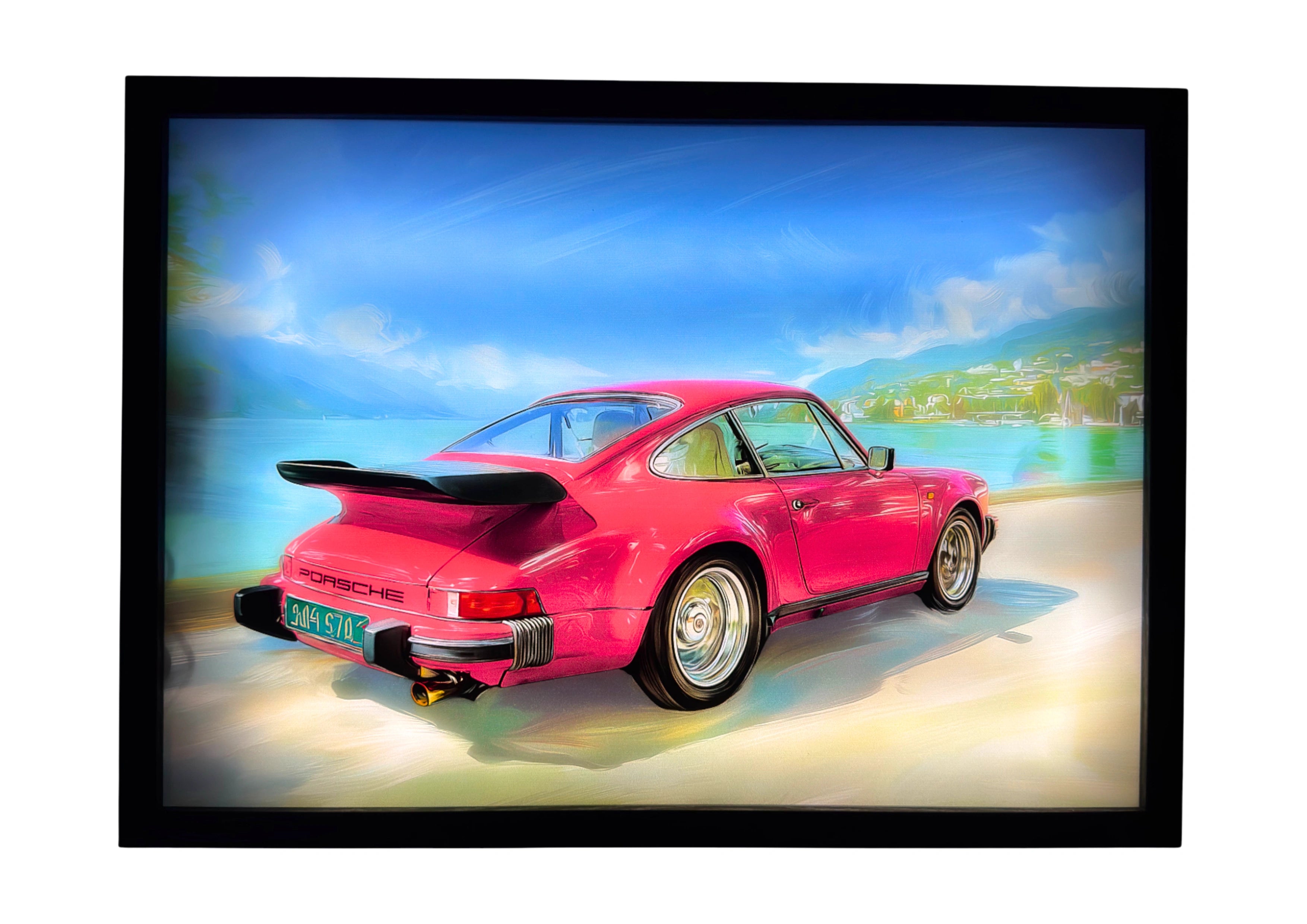 Porsche 930 Turbo LED light up wall art glowing beside turquoise waters and golden hills. A radiant tribute to German engineering and heritage.