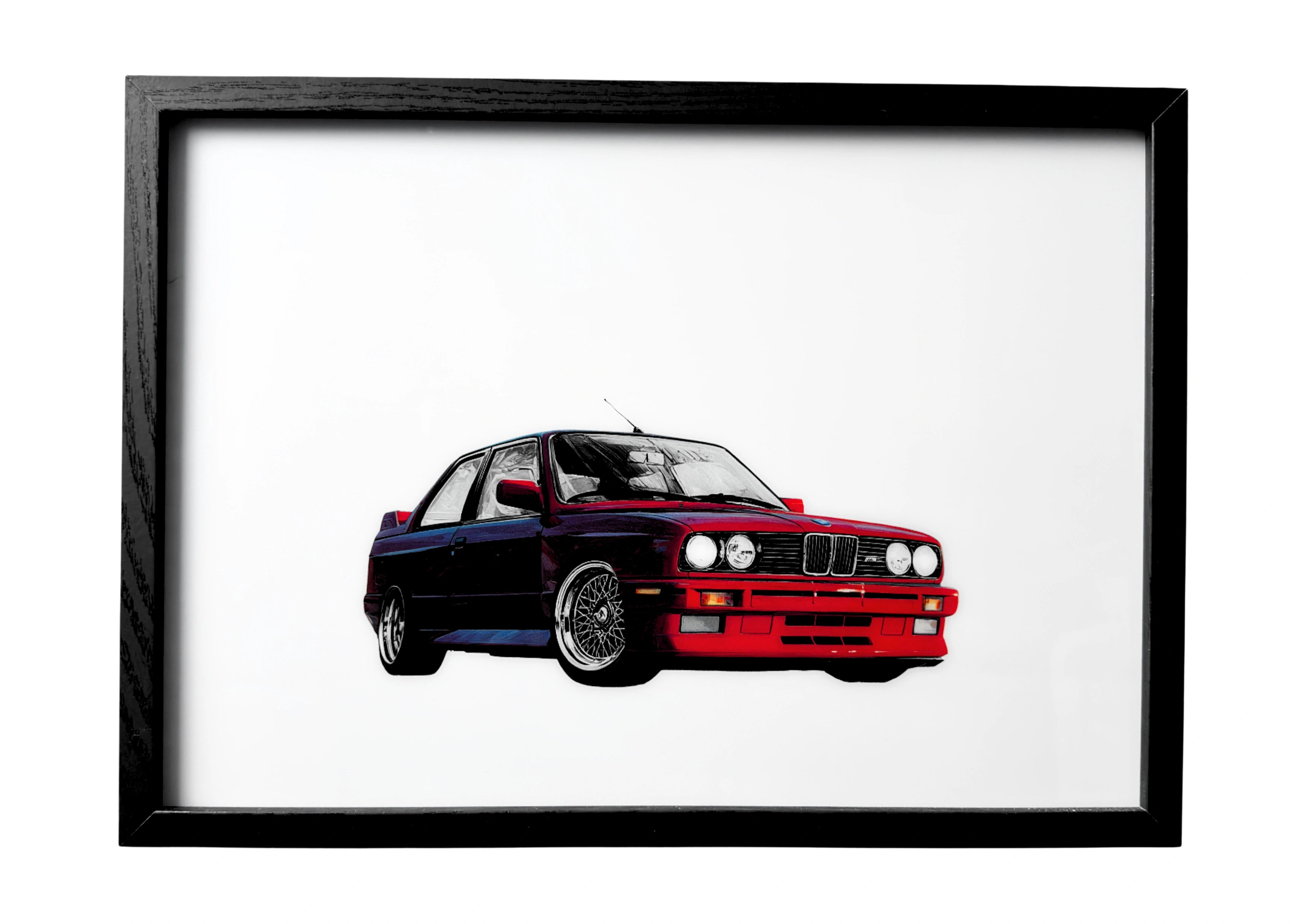 BMW E30 M3 wall art front three-quarter view in red with silver mesh wheels. A framed celebration of German performance heritage.