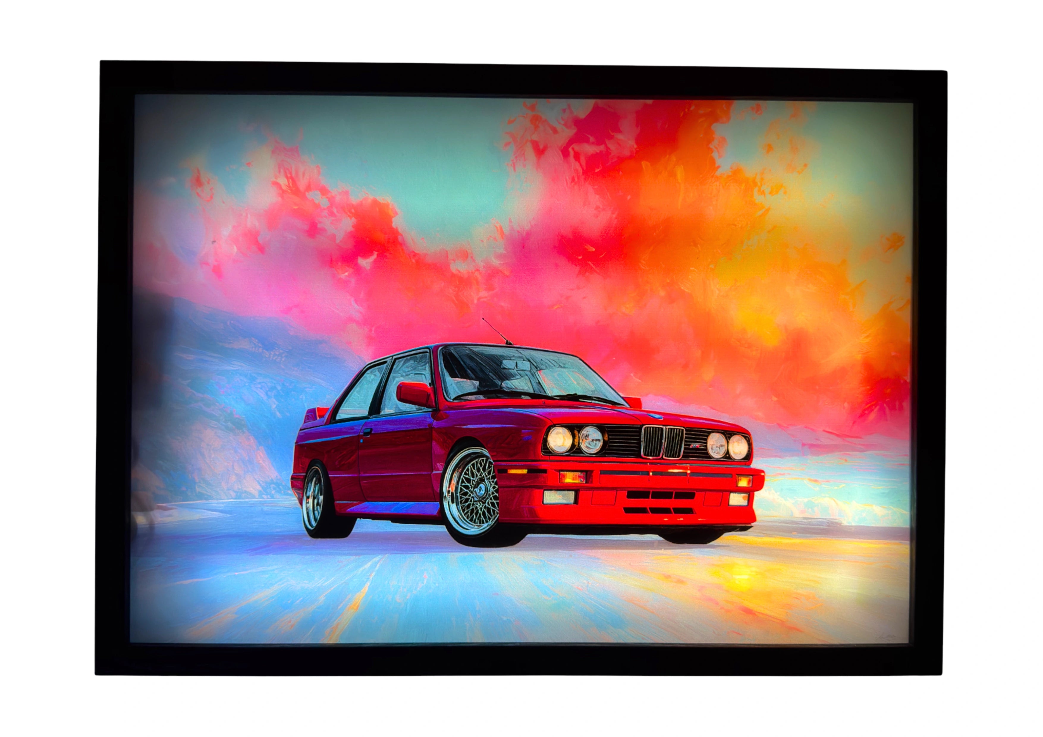 BMW E30 M3 LED light up wall art glowing beneath fiery dusk skies of orange and teal. A radiant tribute to German automotive design.