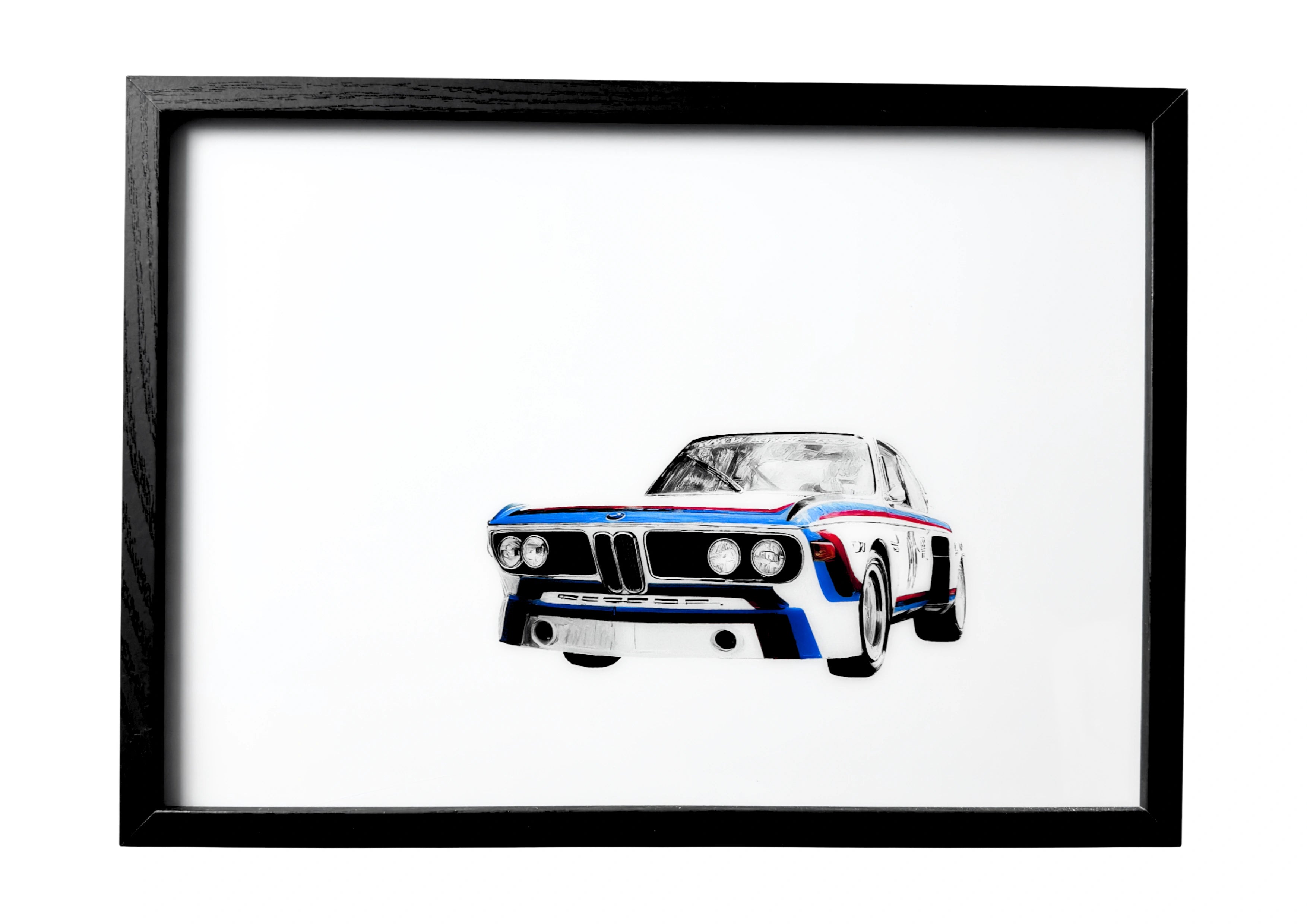 BMW 3.0 CSL wall art front view with blue, purple, and red stripes. A framed celebration of German racing heritage.
