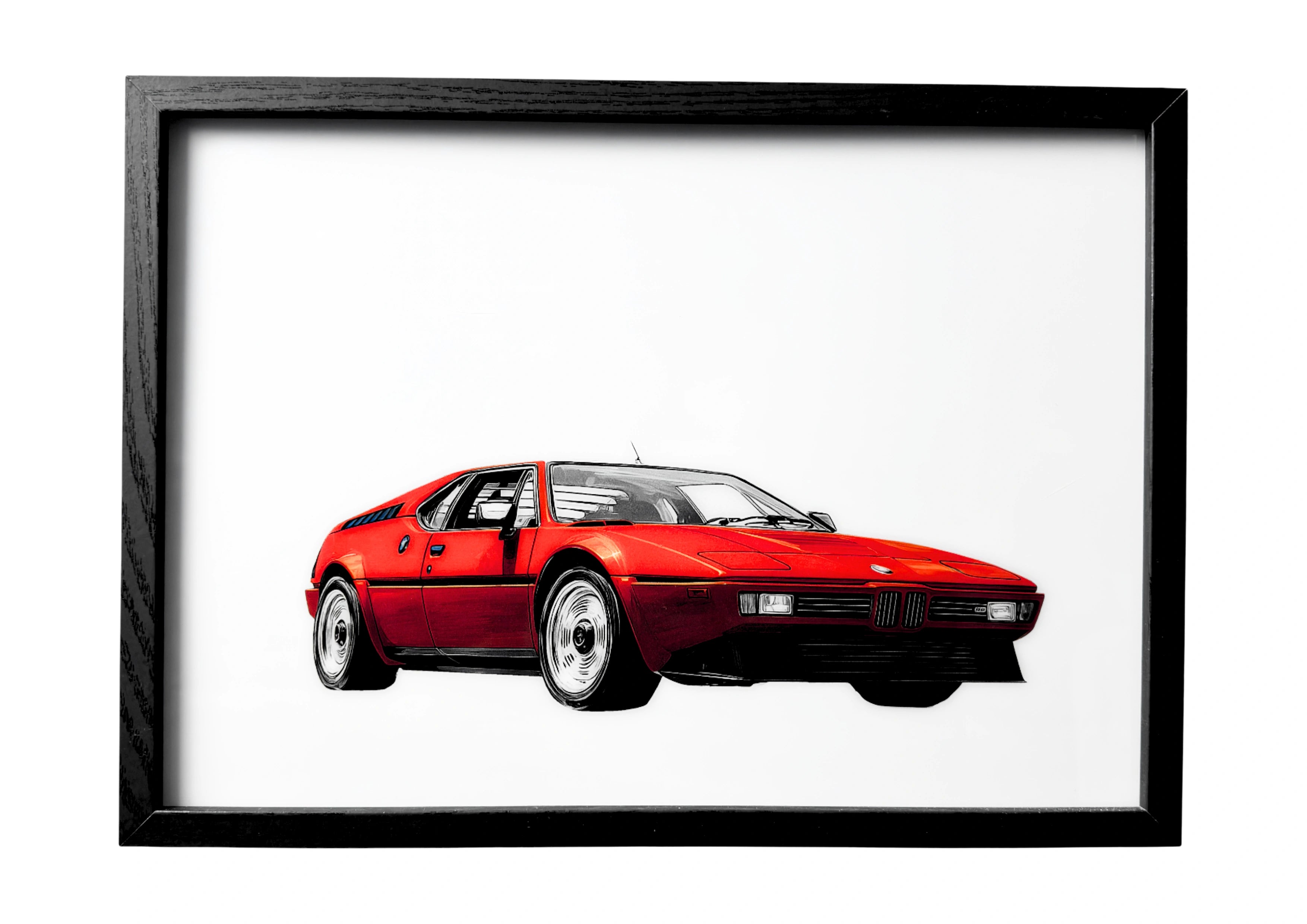 BMW M1 wall art front three-quarter view in orange with silver wheels. A framed celebration of German automotive precision.