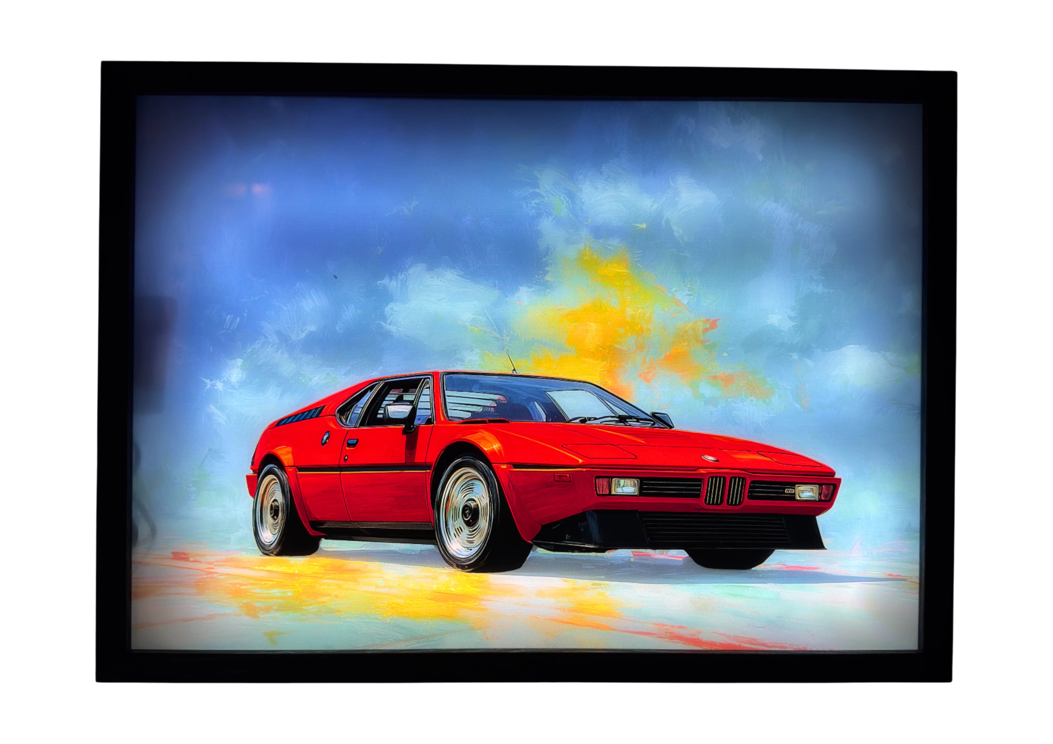 BMW M1 LED light up wall art glowing beneath turquoise and gold skies. A radiant tribute to German design and performance.