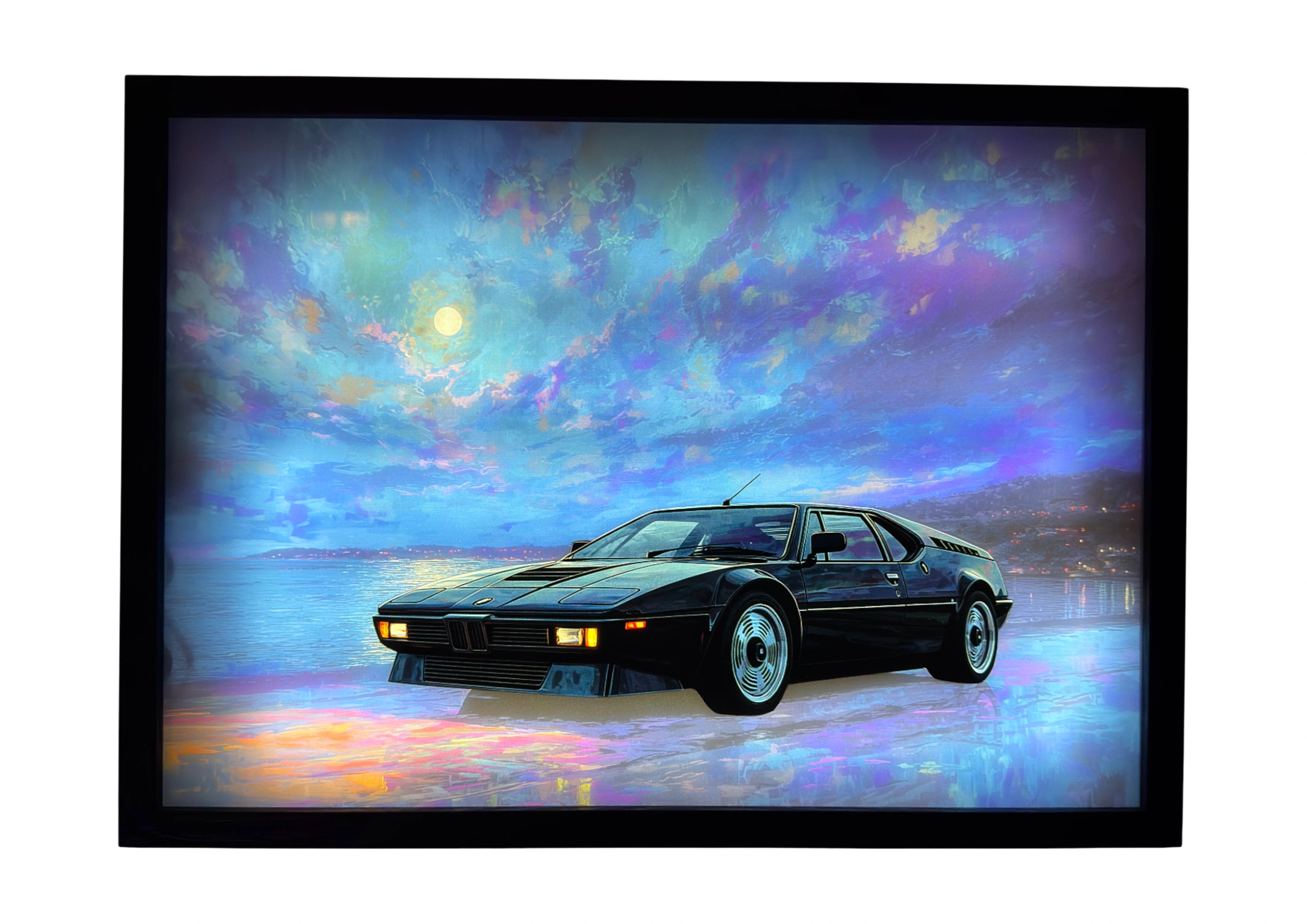 BMW M1 LED light up wall art glowing under violet moonlit skies. A radiant tribute to German engineering and form.