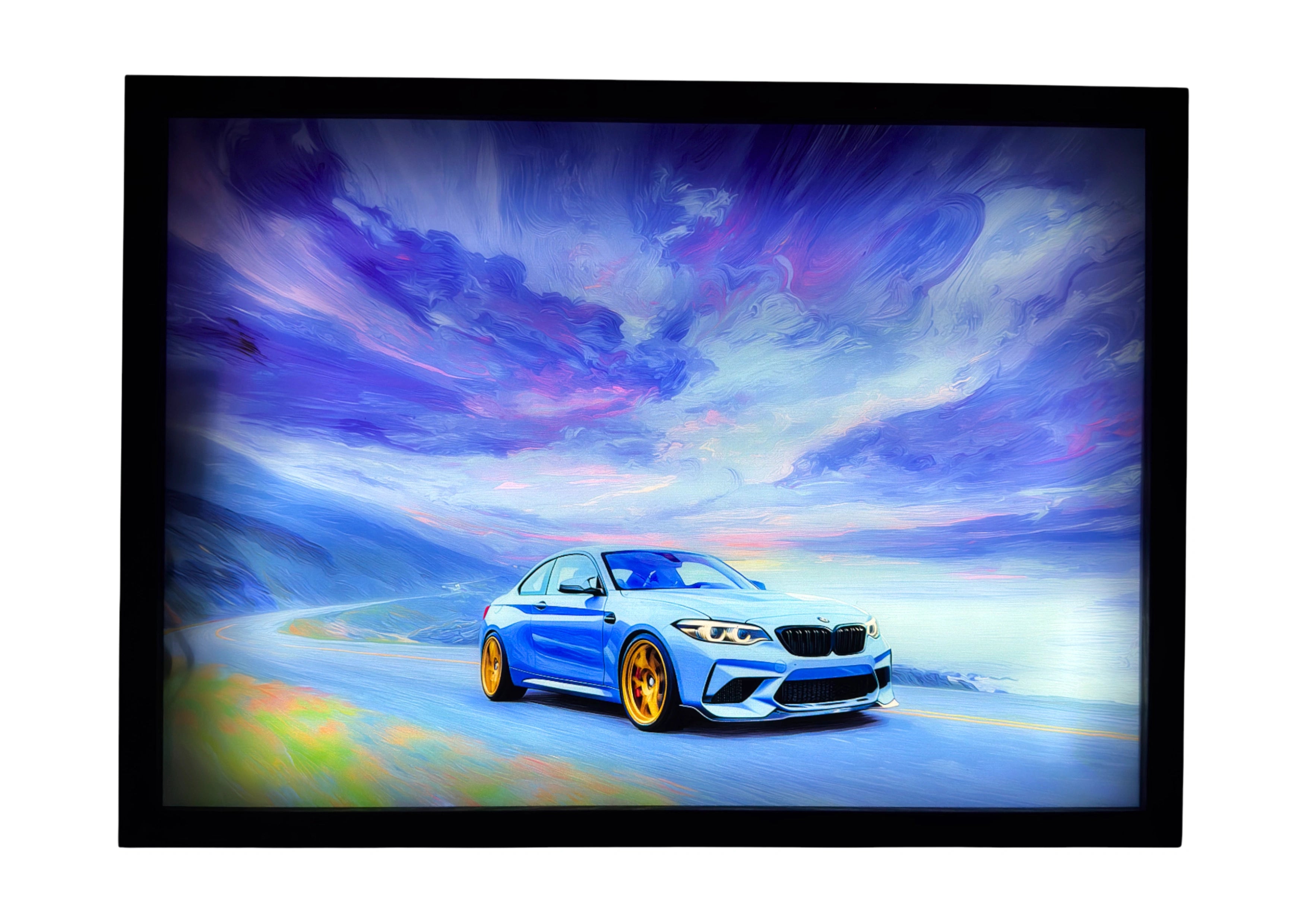 BMW M2 Competition LED light up wall art glowing under violet and turquoise skies. A radiant tribute to German performance and motion.