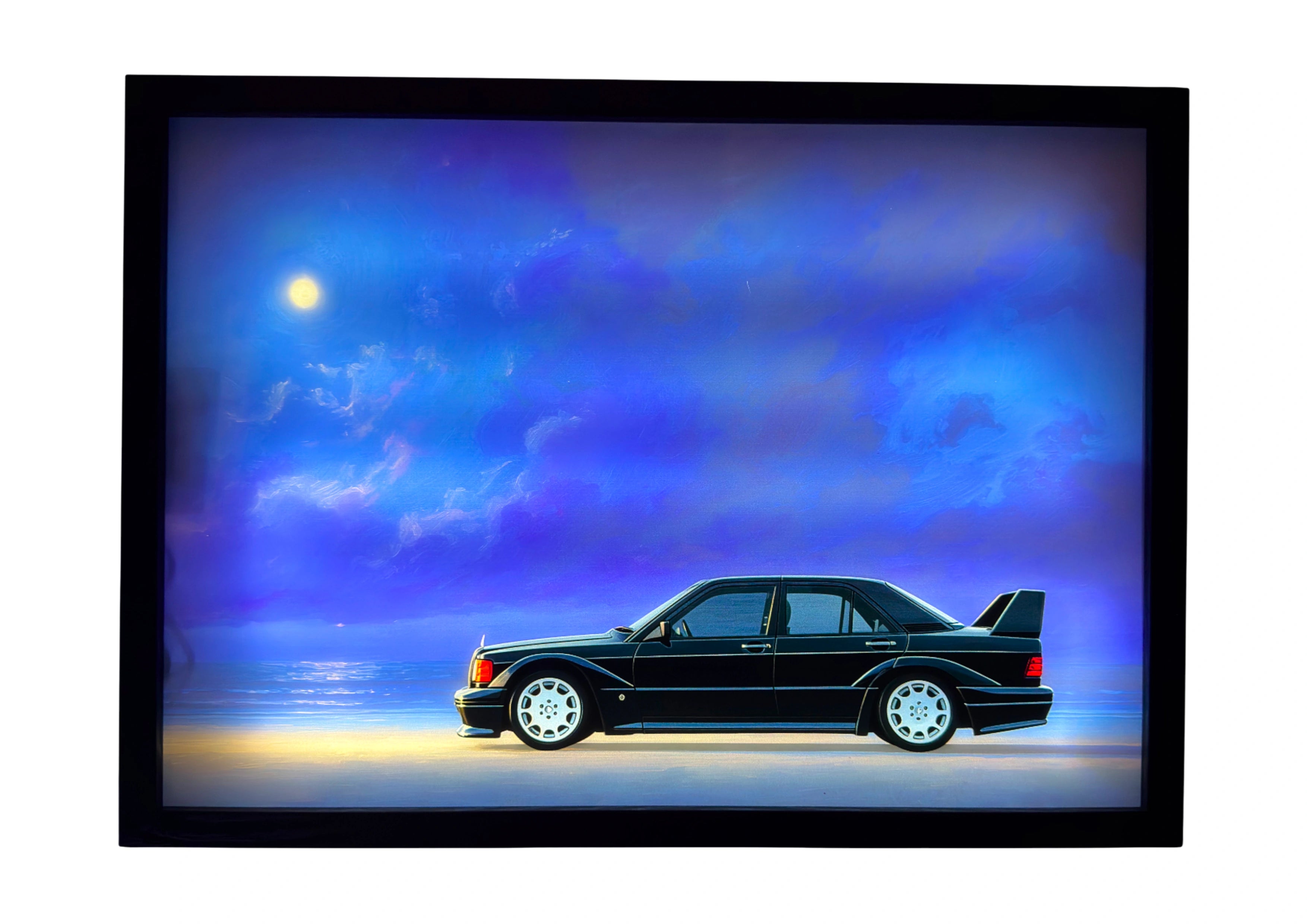 Mercedes-Benz 190E Evolution II LED light up wall art under moonlit indigo skies. A radiant tribute to German precision and power.