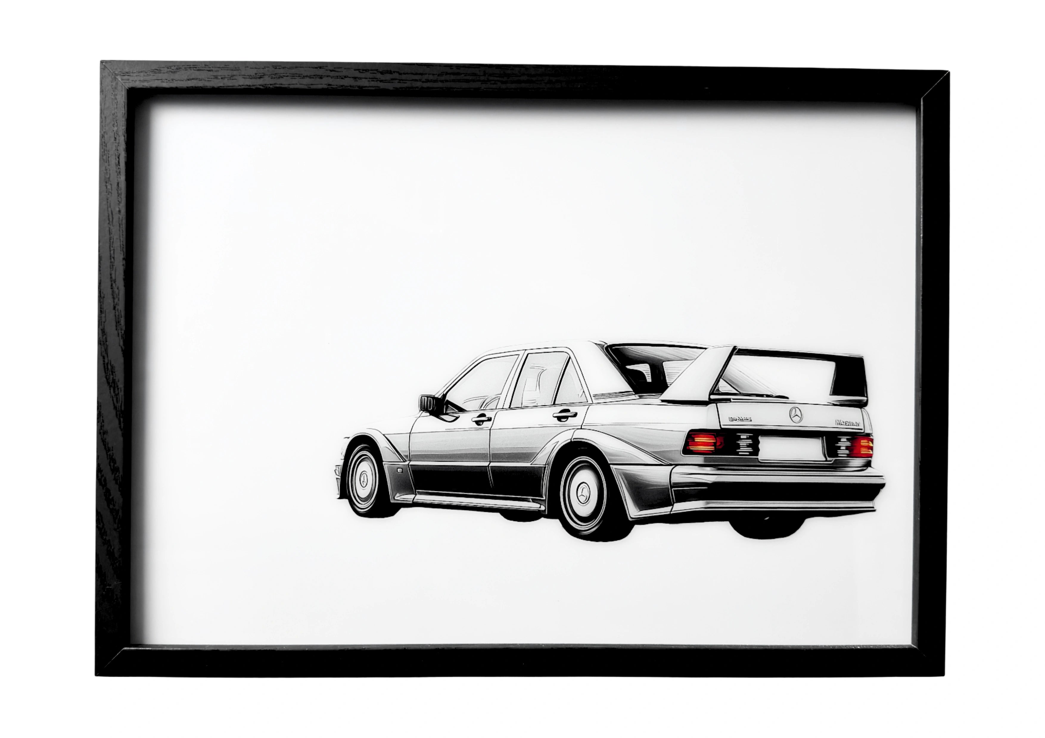 Mercedes-Benz 190E Evolution II wall art showing rear view with spoiler and amber brake lights. A framed celebration of German performance design.