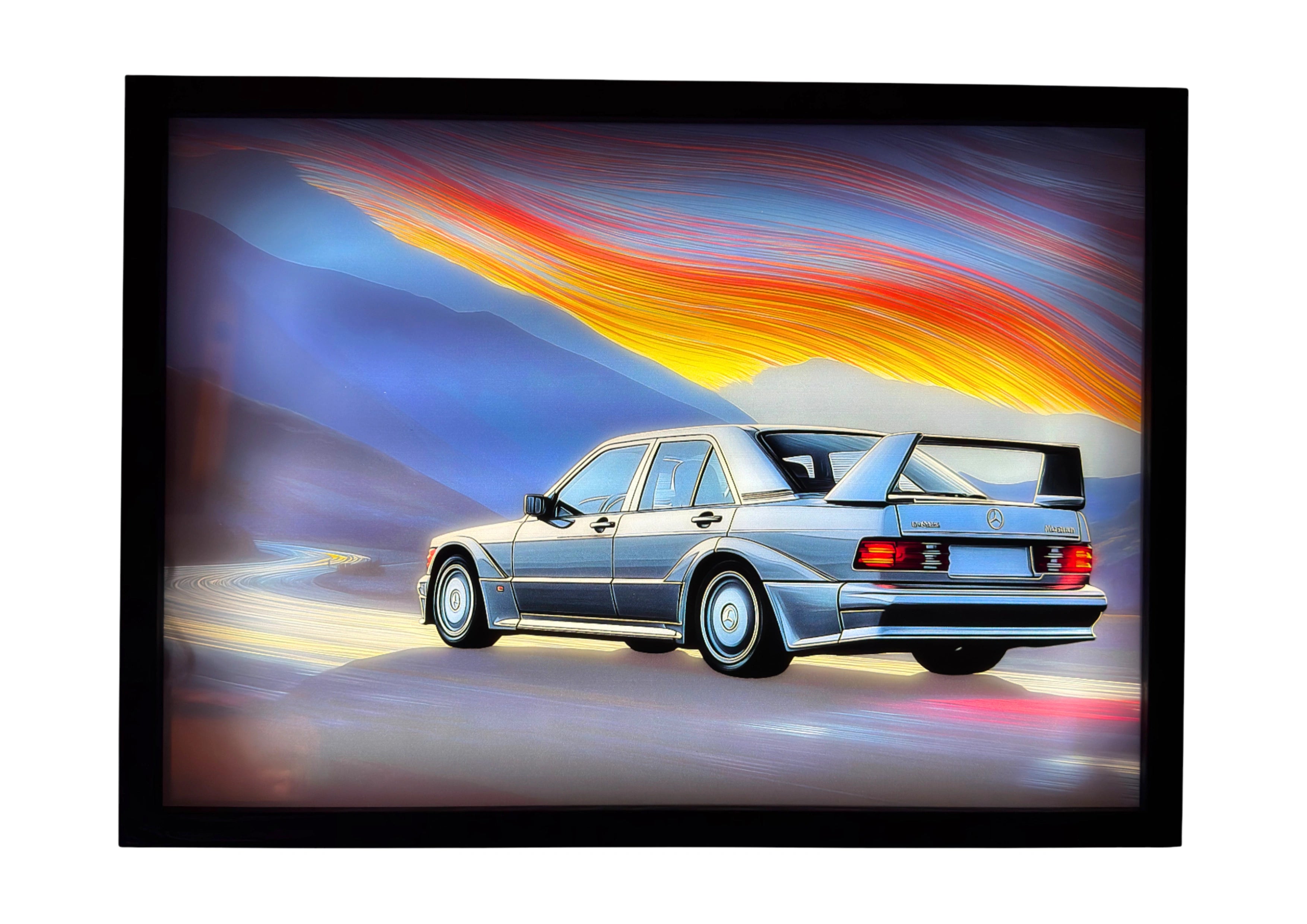 Mercedes-Benz 190E Evolution II LED light up wall art glowing beneath orange and cobalt mountain skies. A radiant tribute to German engineering mastery. 