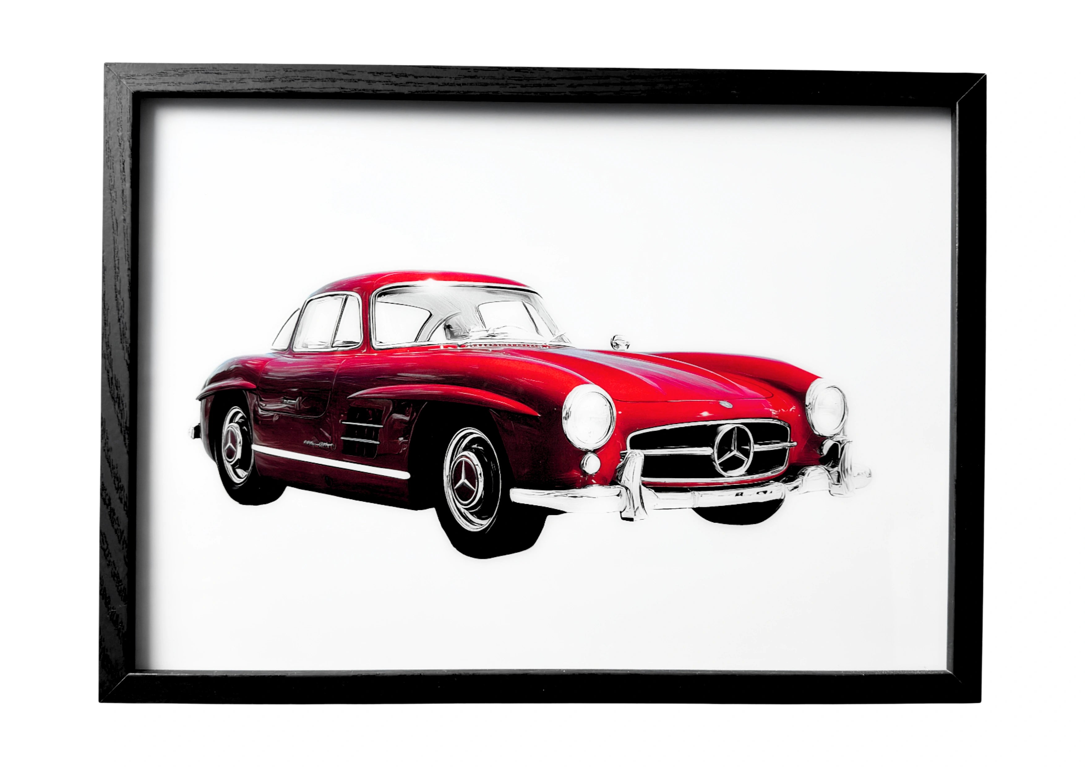A red 1955 Mercedes-Benz 350SL holds its poise in silence, every curve cut with intent. Beyond it, quiet whiteness lingers — the essence of German engineering in perfect form.