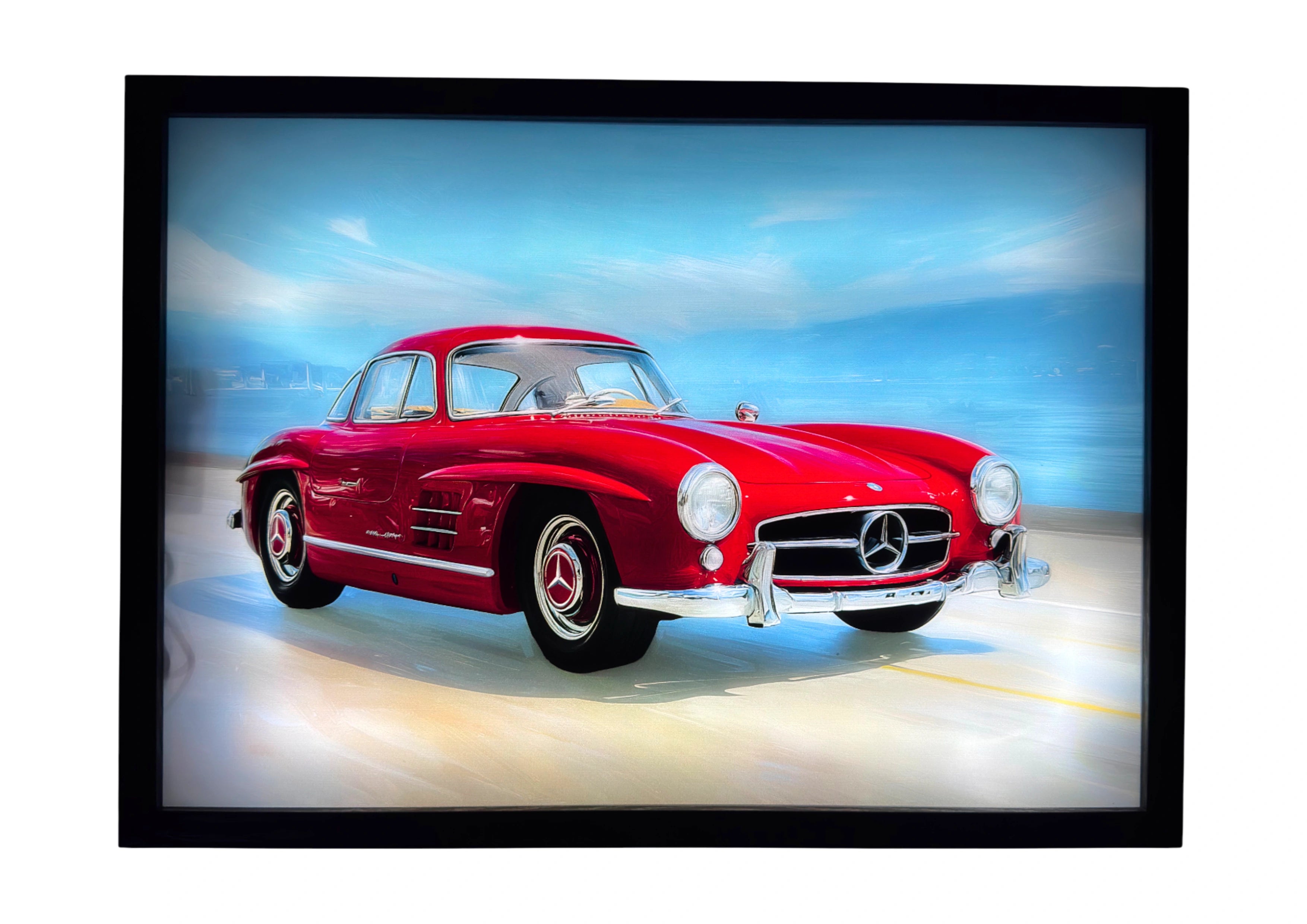 Mercedes-Benz 350SL LED light up wall art glowing beneath turquoise skies, red body illuminated. A radiant tribute to timeless German design.