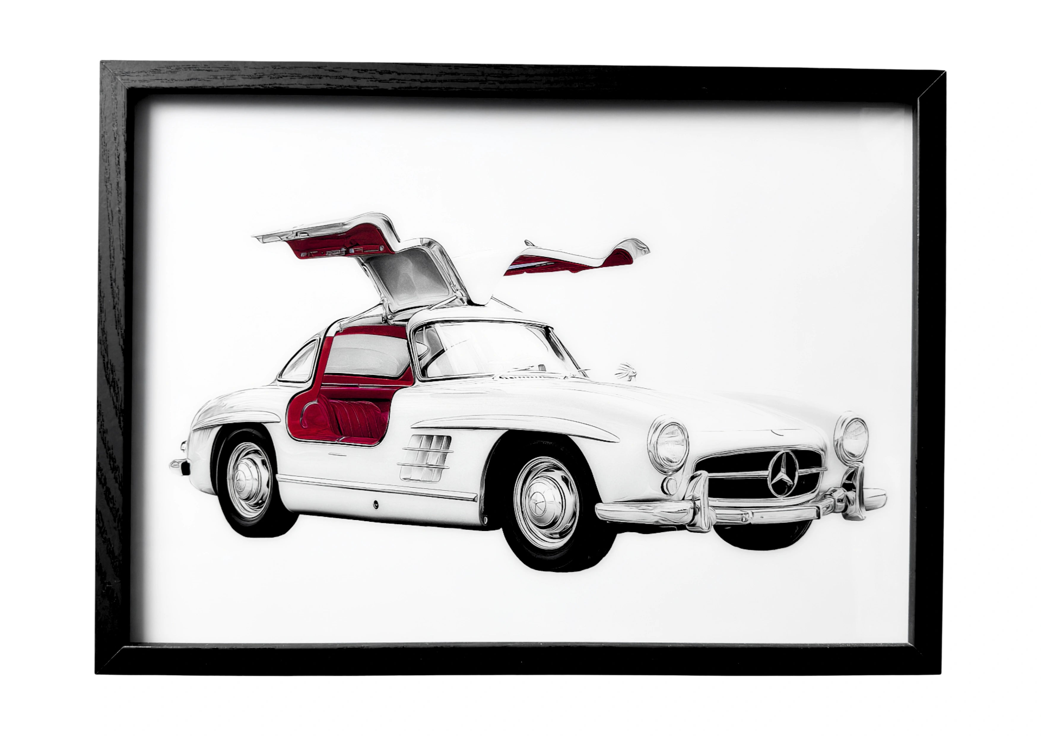 Mercedes-Benz 300SL wall art in grayscale with red interior. A framed celebration of German automotive heritage.