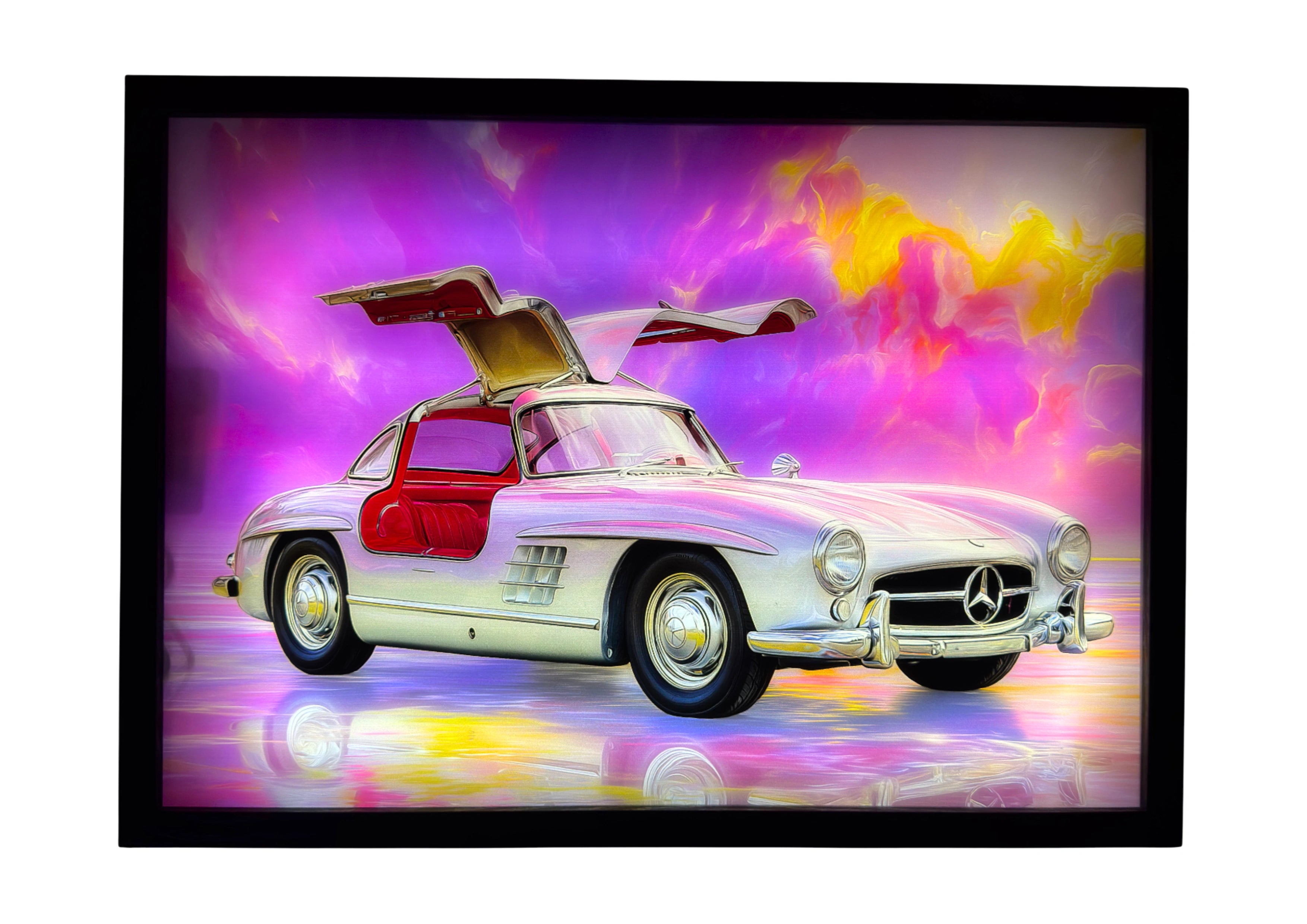 Mercedes-Benz 300SL LED light up wall art glowing under violet and gold skies, red interior illuminated. A radiant tribute to timeless German design.