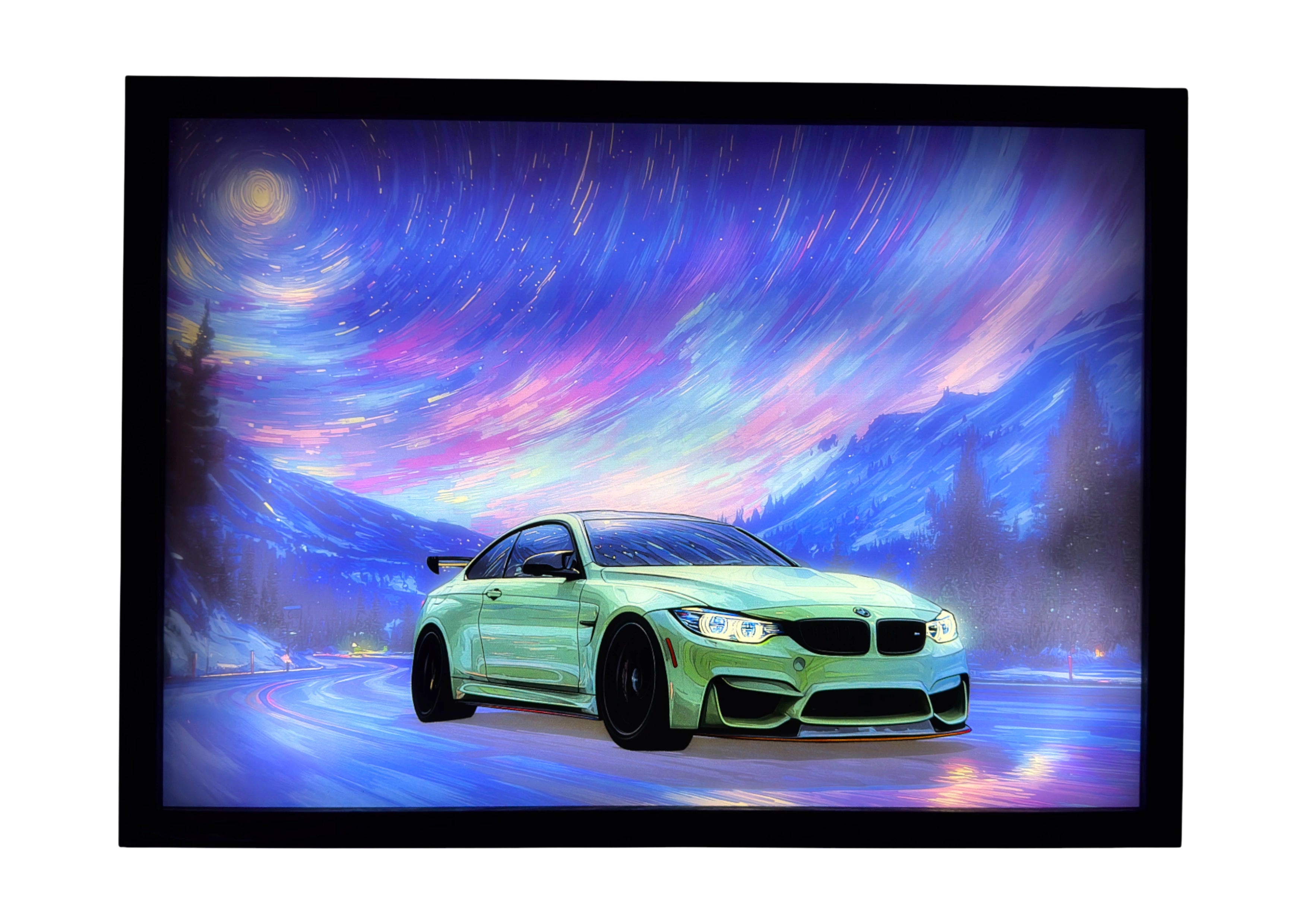 BMW M4 LED light up wall art glowing beneath violet and blue night skies. A radiant tribute to German design and motion.