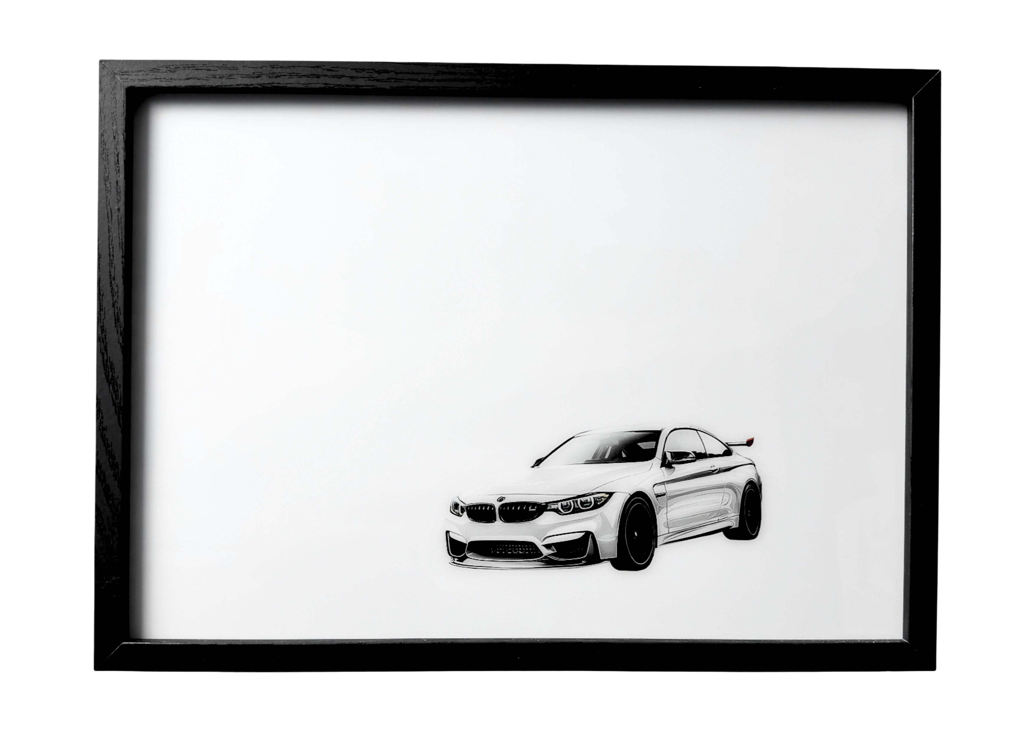 BMW M4 wall art front three-quarter view in orange with black grille and details. A framed celebration of German automotive performance.