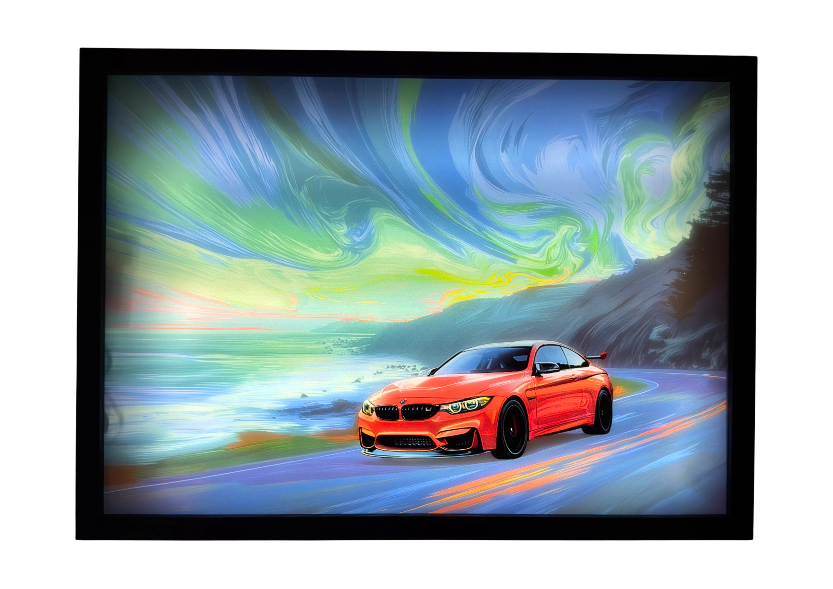 BMW Orange M4 LED light up wall art glowing beneath turquoise and emerald skies. A radiant tribute to German design and speed.