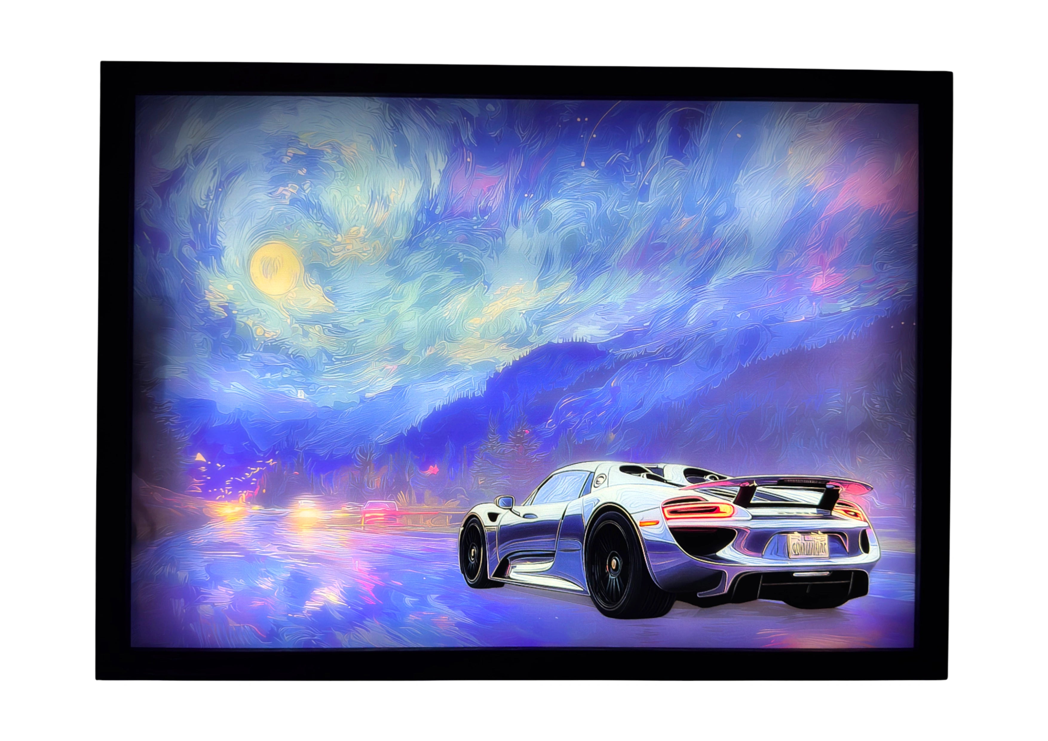 Porsche 918 Spyder LED light up wall art glowing beneath moonlit blue and violet skies. A radiant tribute to German innovation and speed.