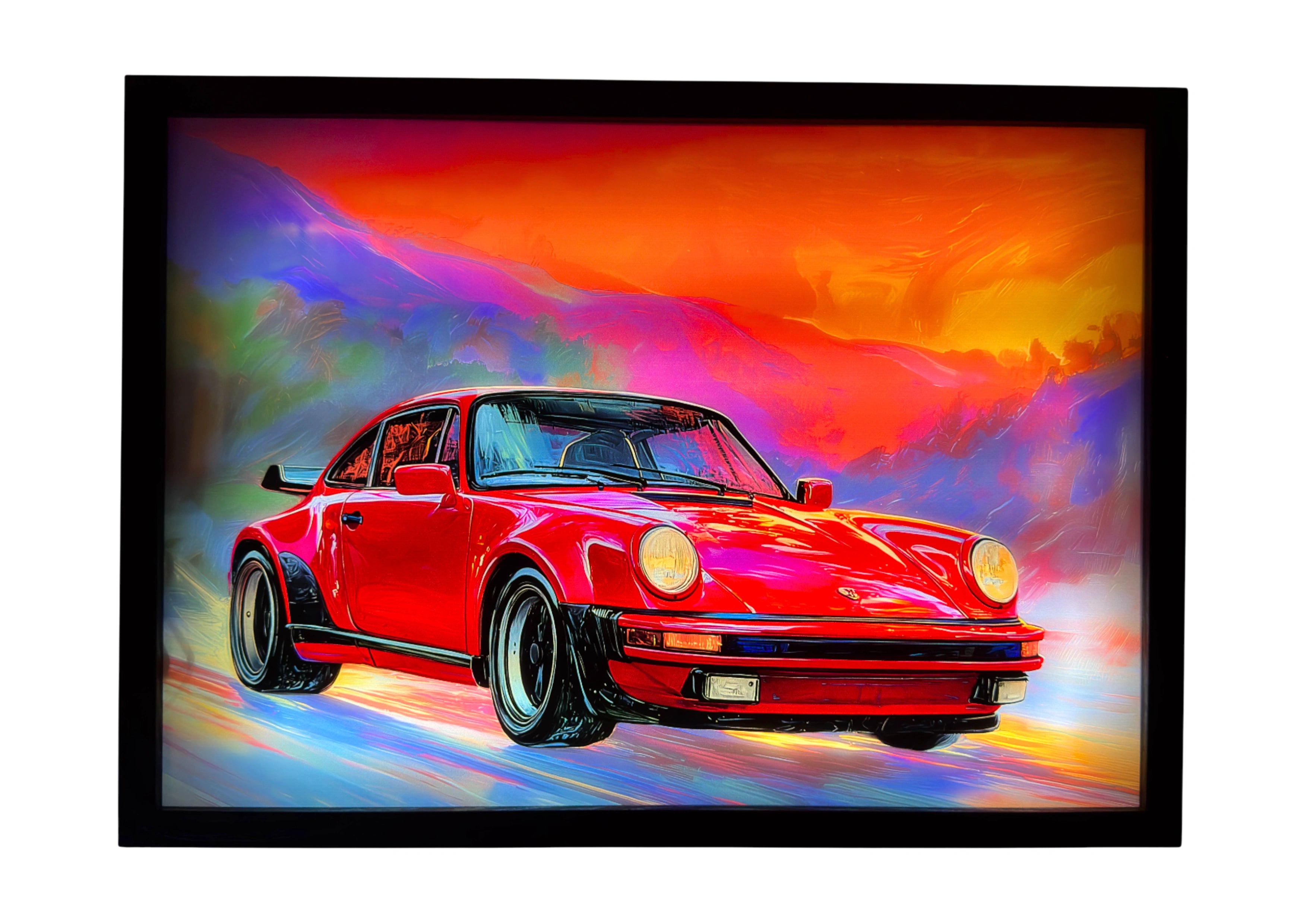 A view of the 1978 Porsche 930 Turbo stands in vivid red with sunset hills in the background.