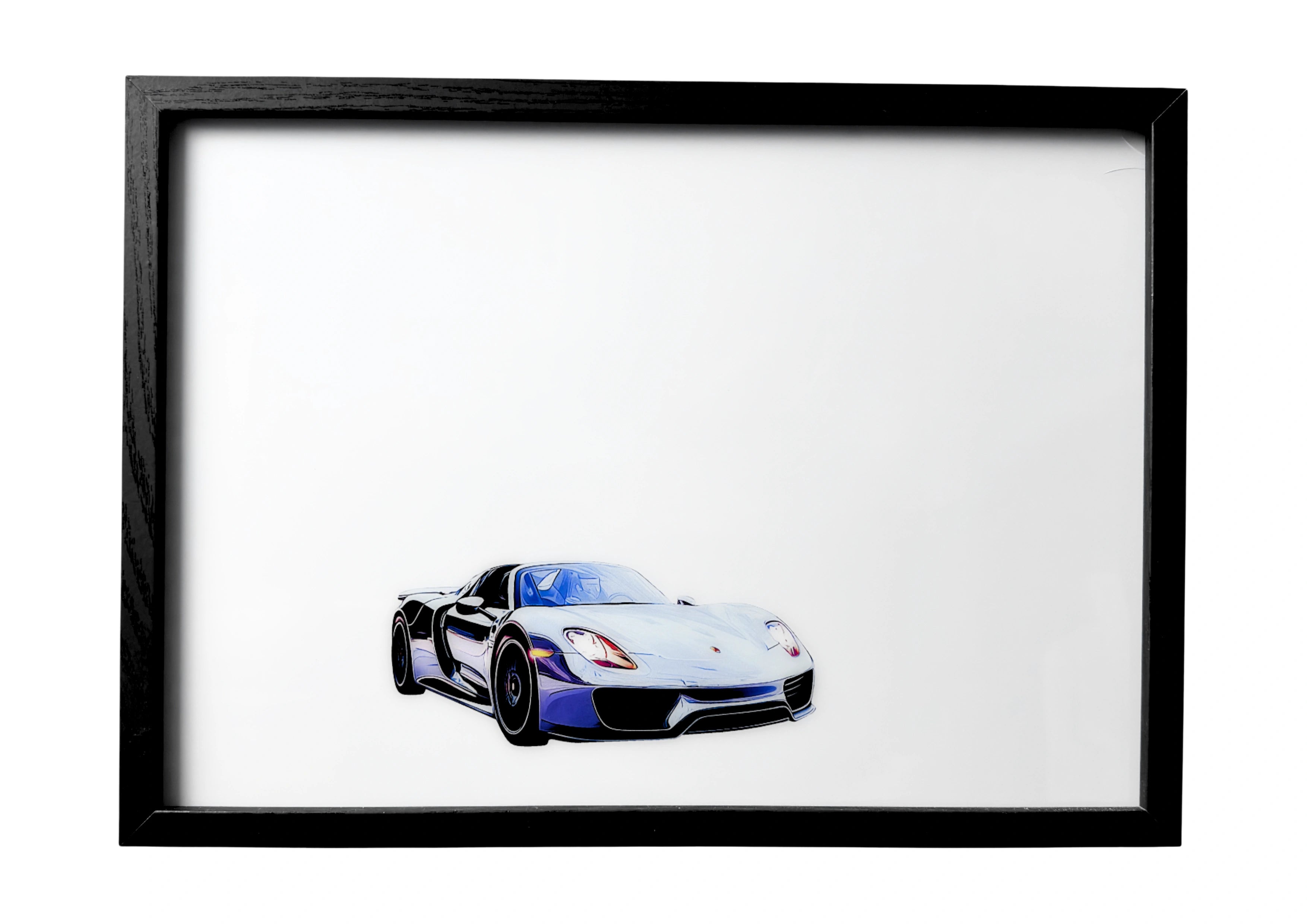 Porsche 918 Spyder wall art front three-quarter view in metallic silver-blue with black accents. A framed celebration of German automotive design.
