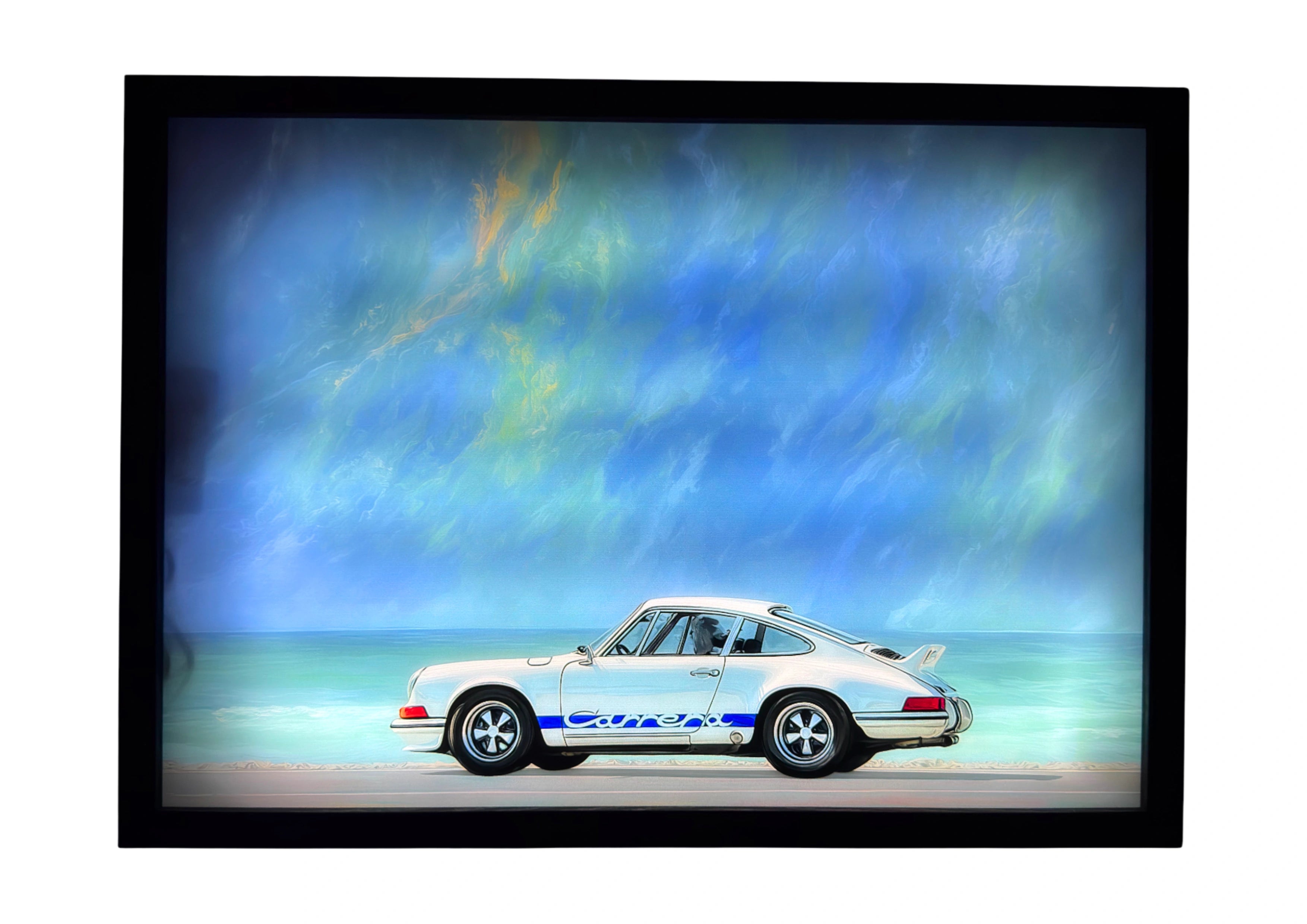 Porsche 911 Carrera RS LED light up wall art glowing beside turquoise seas and teal skies. A radiant tribute to German design and freedom.