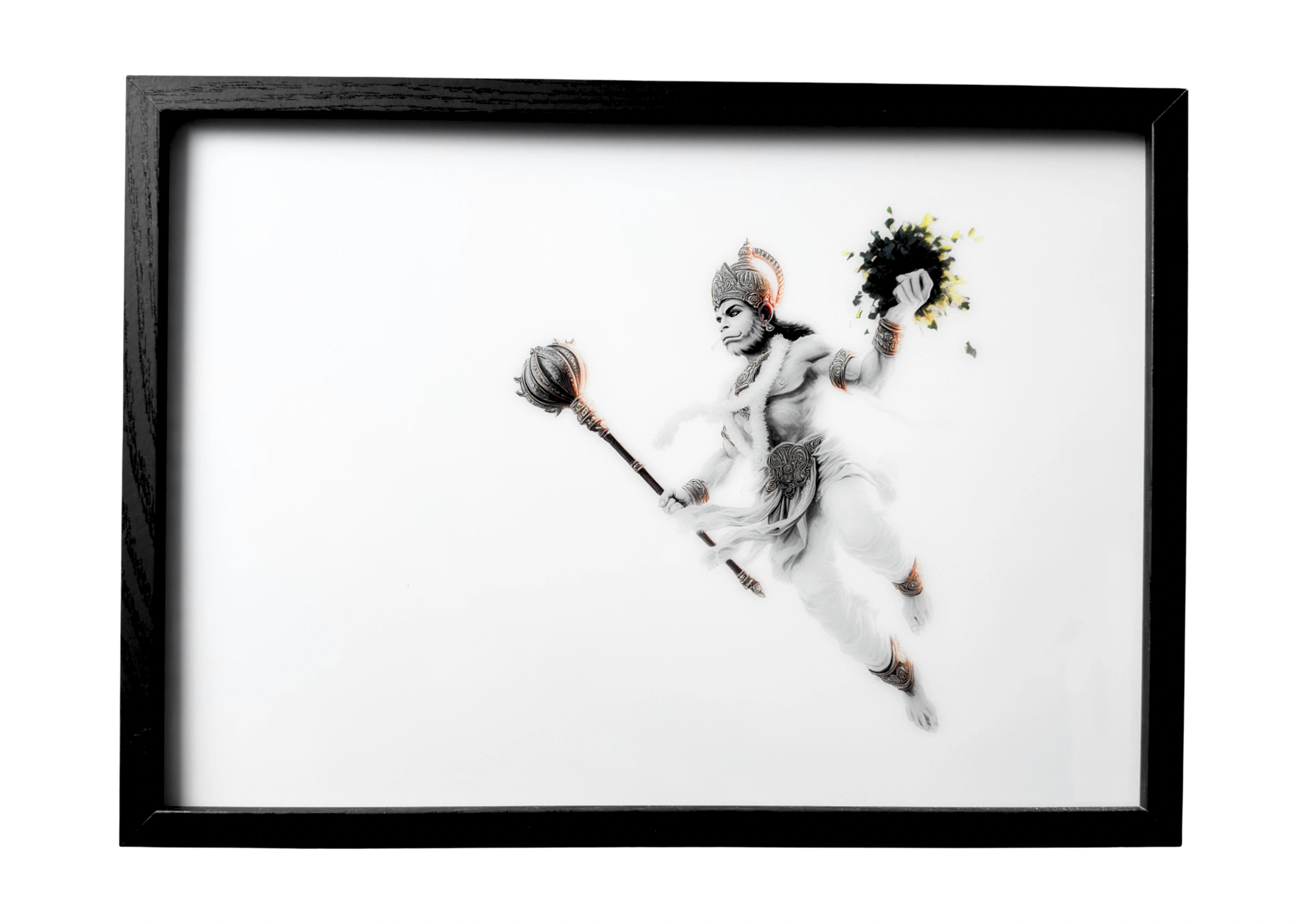 Lord Hanuman wall art detailed with soft gold and green hues, carrying the mountain through the sky. A framed artwork symbolising strength, courage, and devotion.