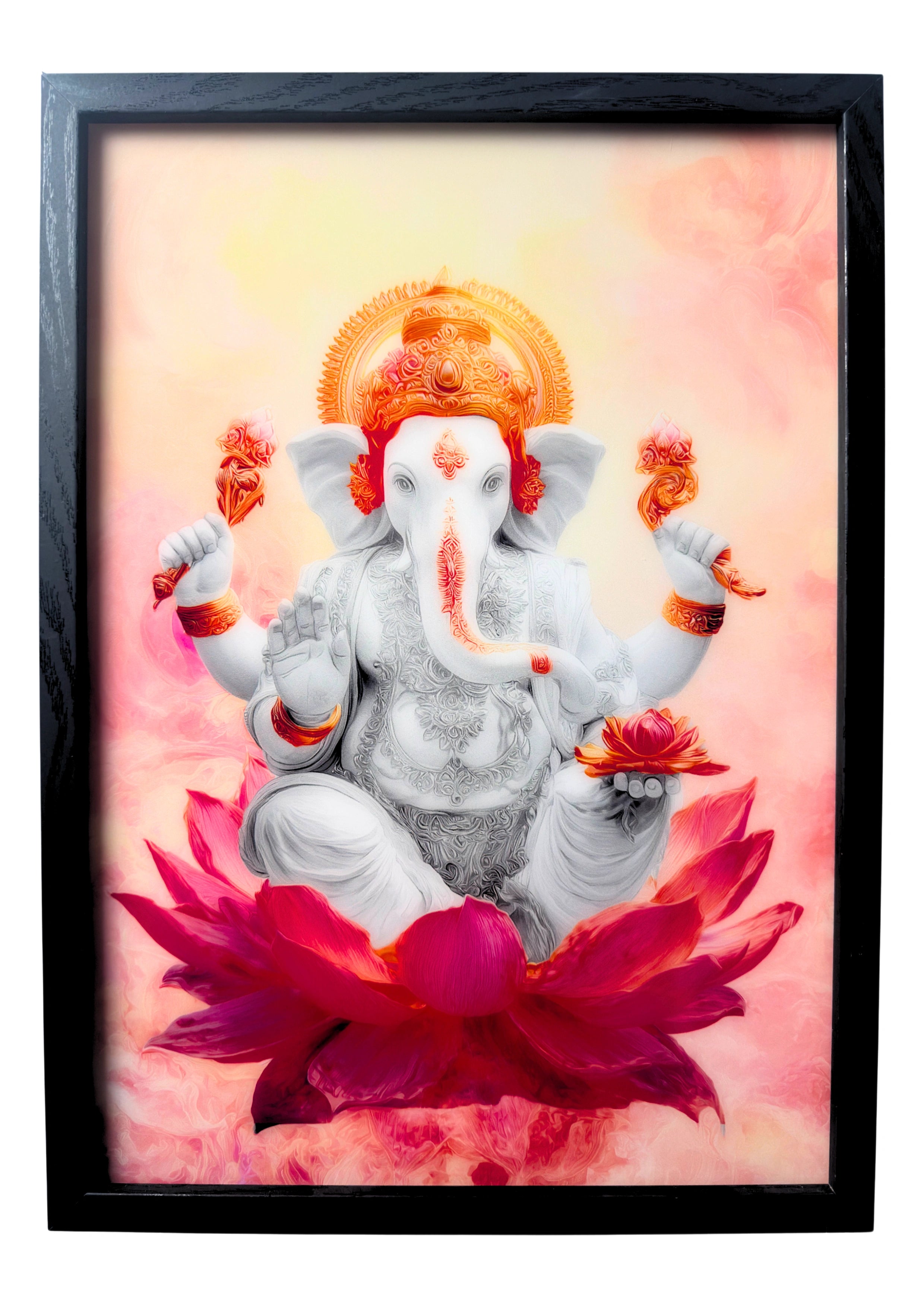 Lord Ganesha wall art detailed with soft rose and ivory tones, seated on a lotus. A framed artwork representing peace and divine beginnings.
