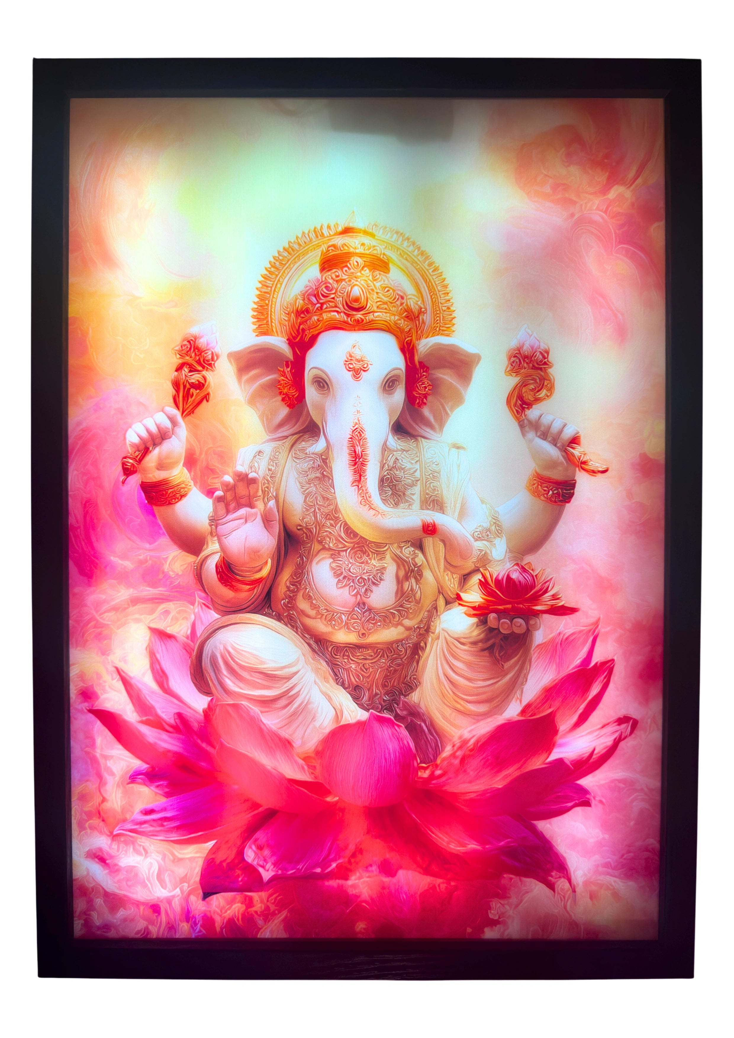 Lord Ganesha LED light up wall art glowing in gold and rose tones — seated on a lotus, symbol of wisdom, fortune, and spiritual light.