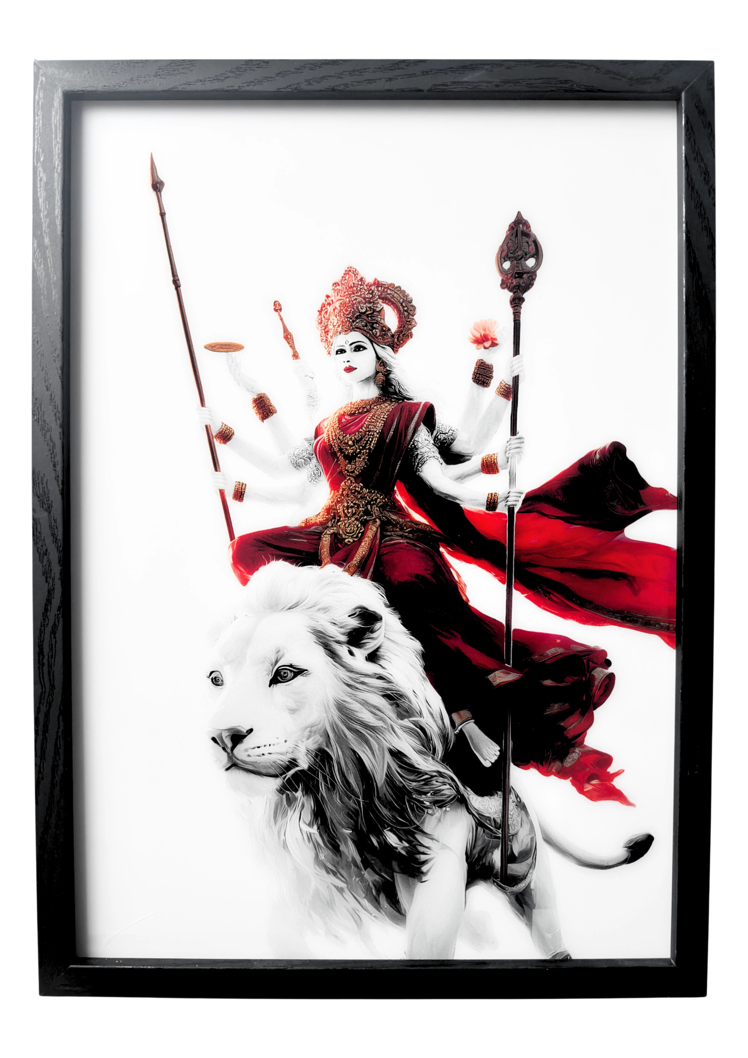 Goddess Durga wall art with red robes riding a lion, serene and powerful. A framed piece symbolising divine strength and feminine energy.