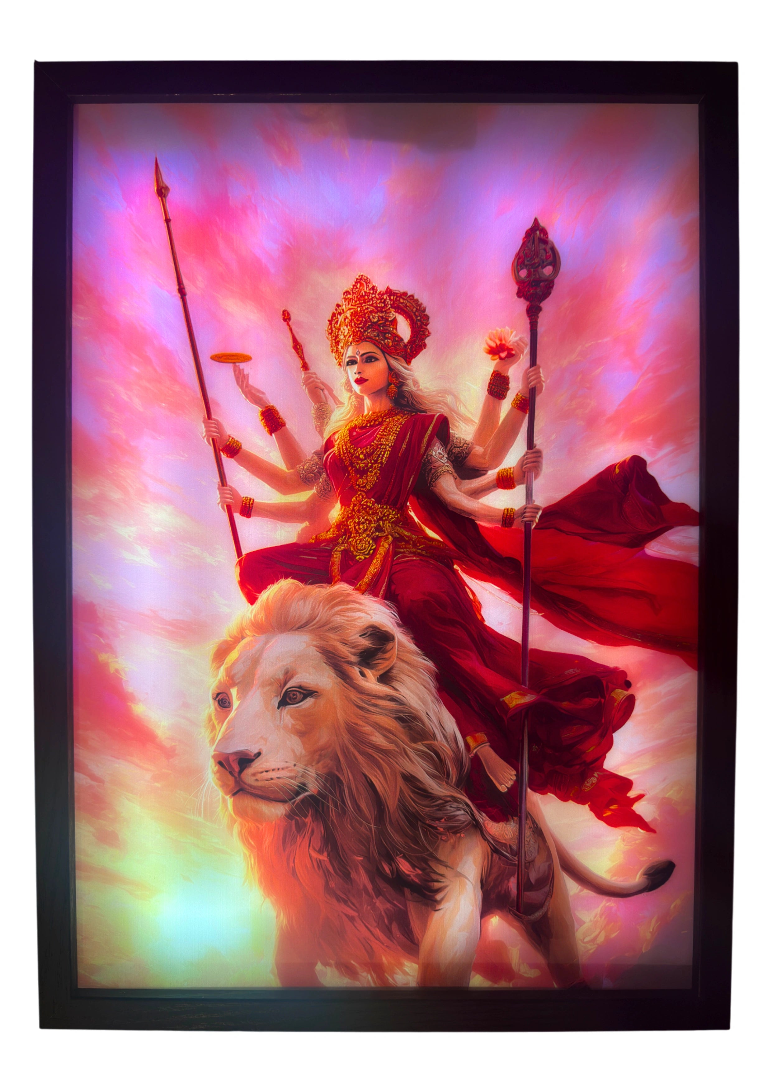 Goddess Durga LED light up wall art glowing in crimson and gold — the goddess of strength riding her lion beneath a radiant sunset sky.