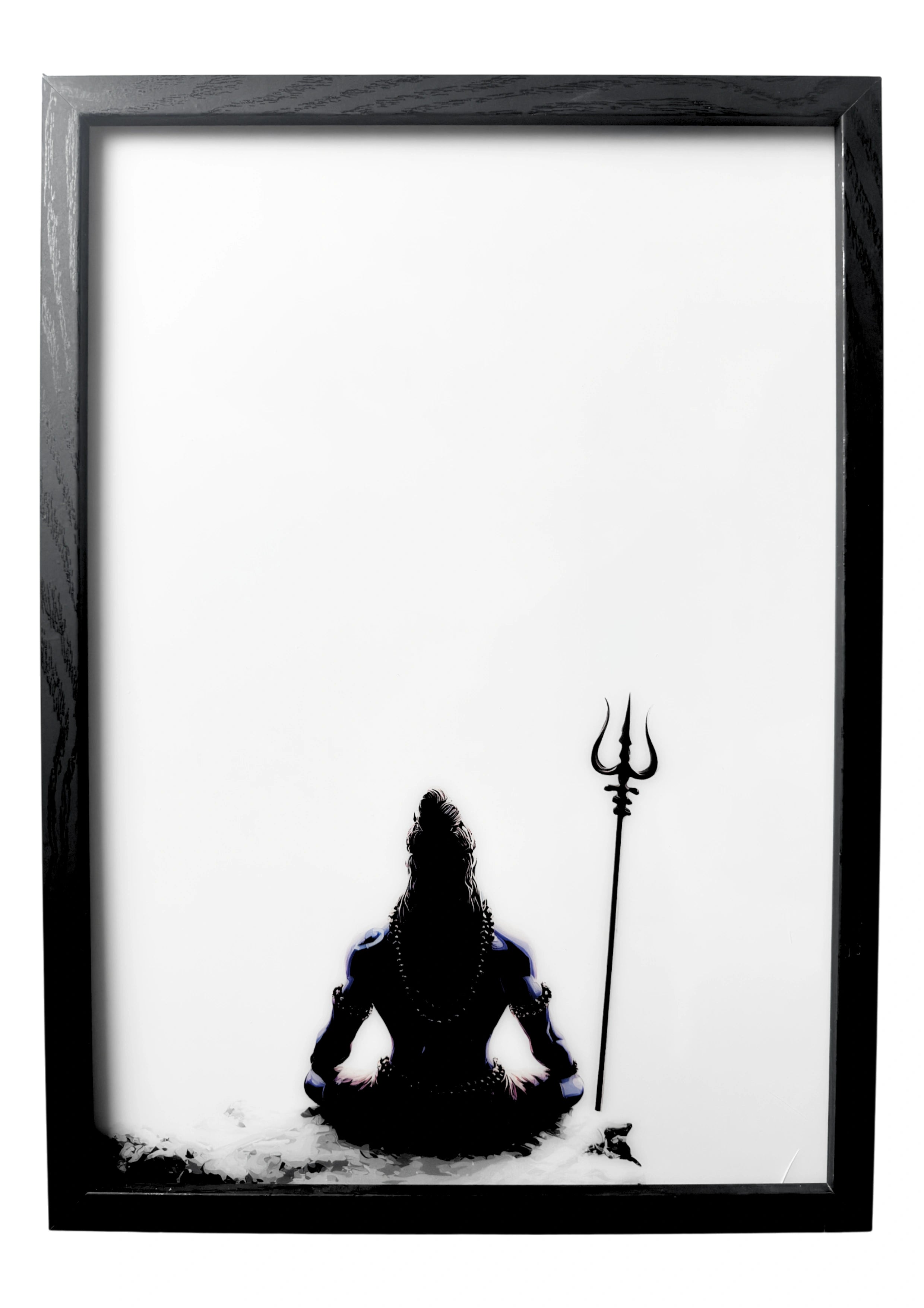 Lord Shiva wall art in calm meditation before the Himalayas. A framed artwork capturing divine stillness and spiritual strength.