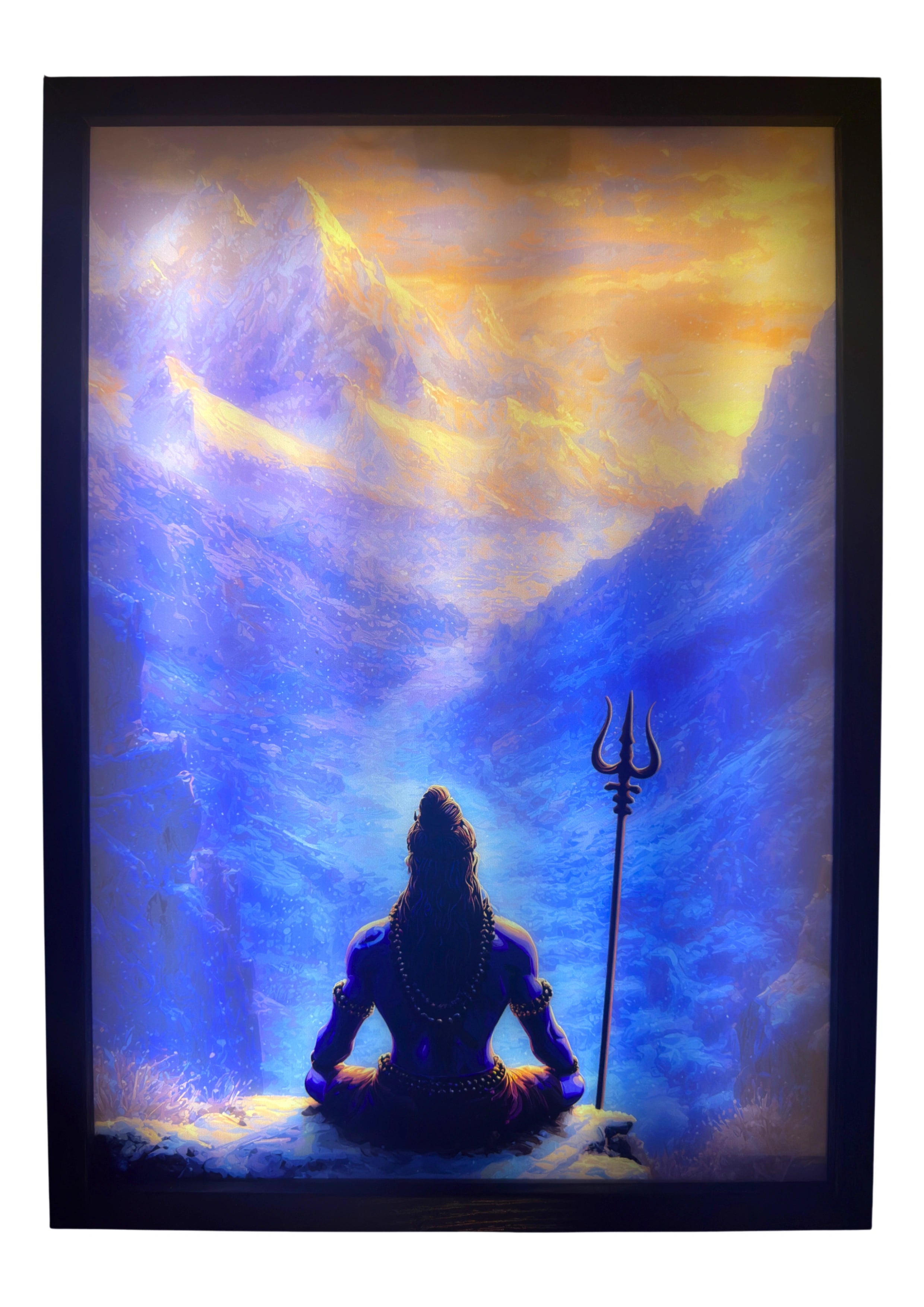 Lord Shiva LED light up wall art glowing over the Himalayas — a radiant symbol of meditation, peace, and divine energy.
