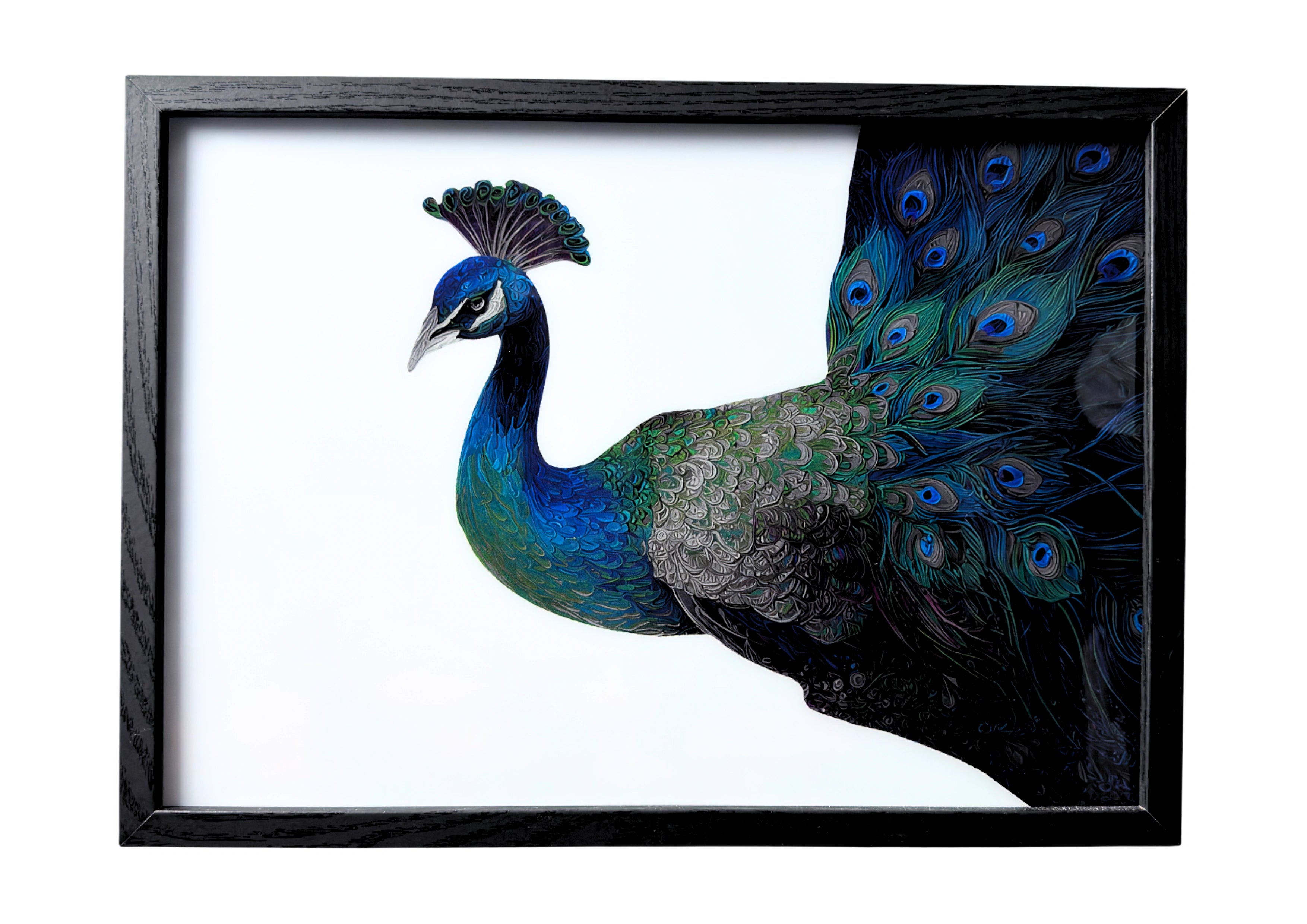 Peacock wall art with emerald and blue feathers, poised in elegant stillness. A framed piece inspired by divine beauty and serenity.