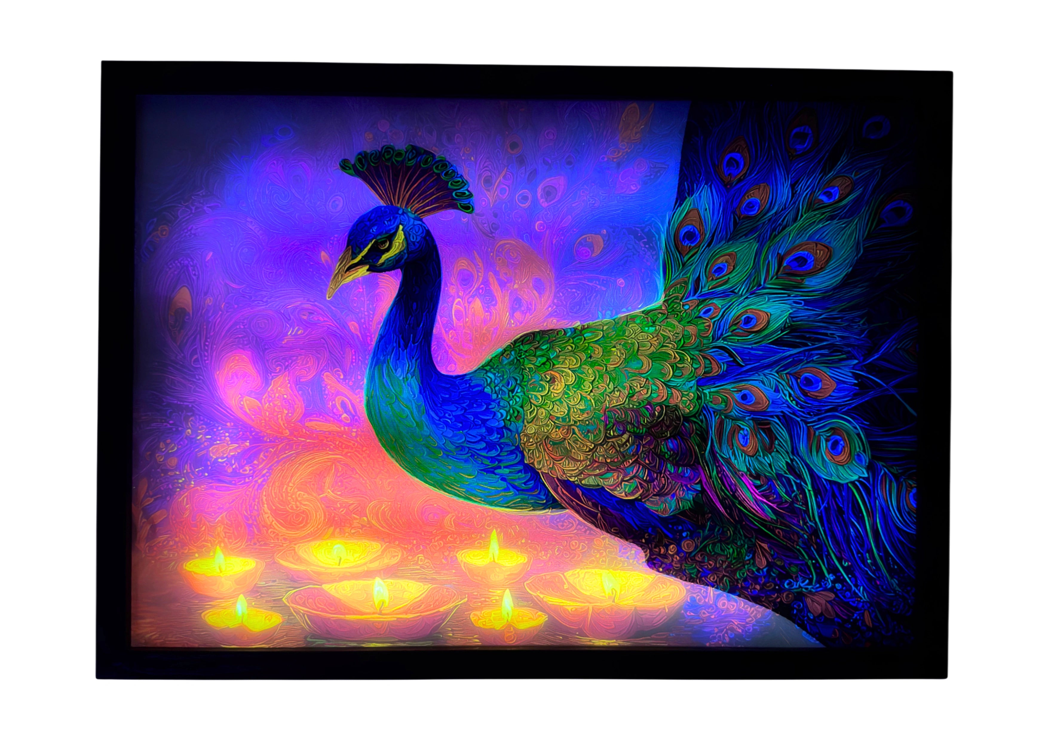 Peacock LED light up wall art glowing beside golden diyas — feathers illuminated in emerald, blue, and gold. Inspired by Hindu symbolism and sacred light.