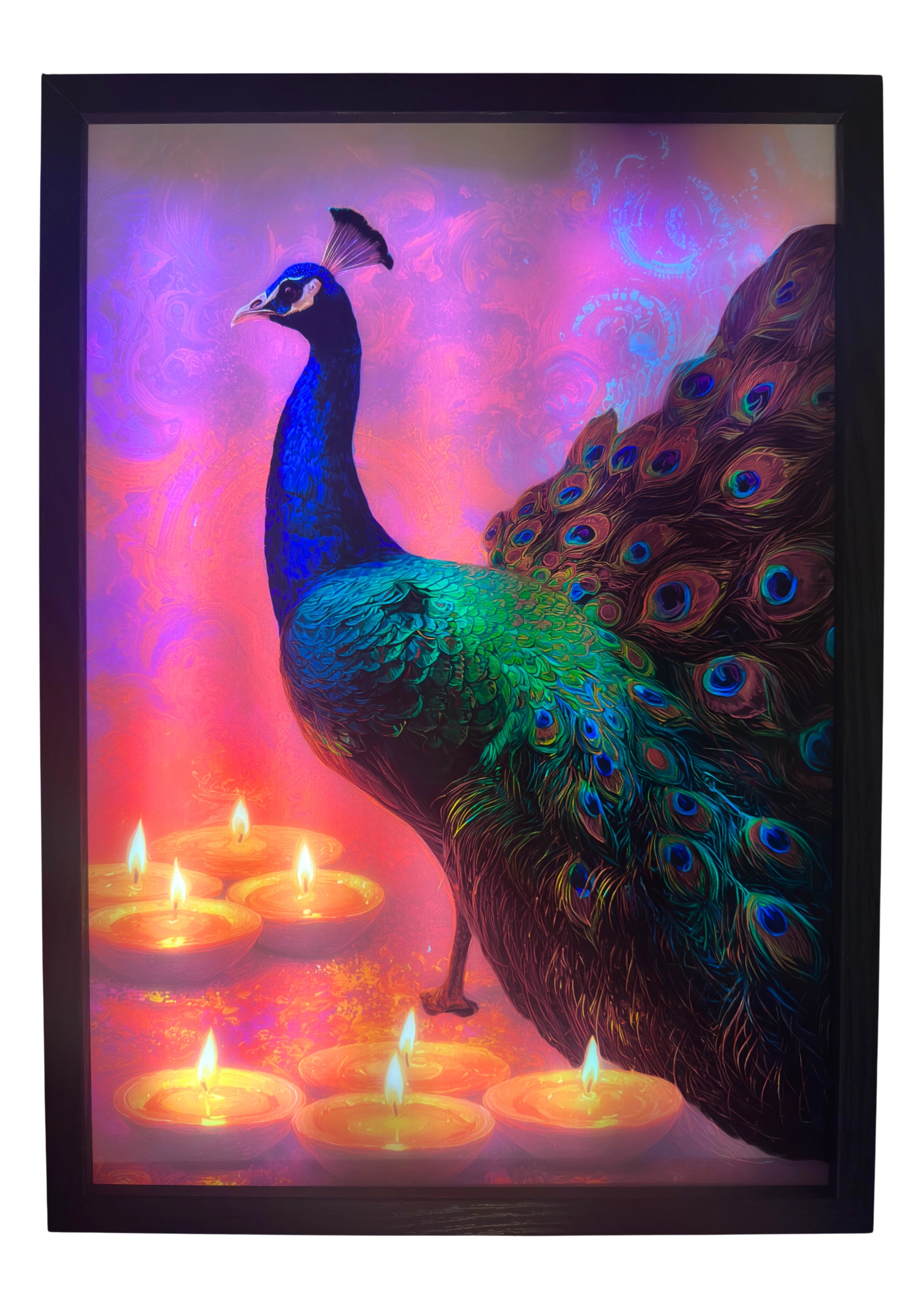 Peacock LED light up wall art glowing beside golden diyas — feathers illuminated in emerald, blue, and gold. Inspired by Hindu symbolism and sacred light.